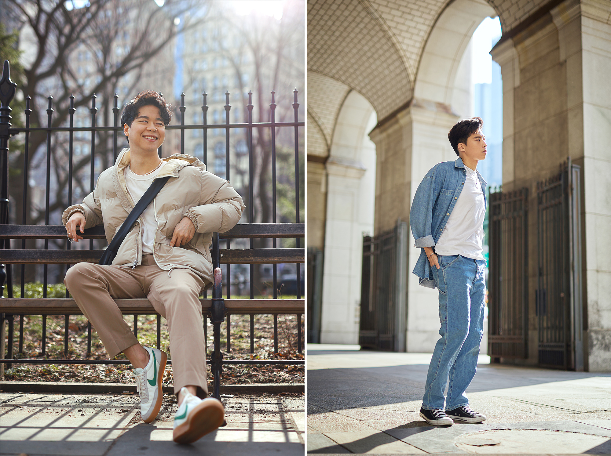 young man sitting on bench in beige outfit and different young man standing in arch way with pale blue outfit