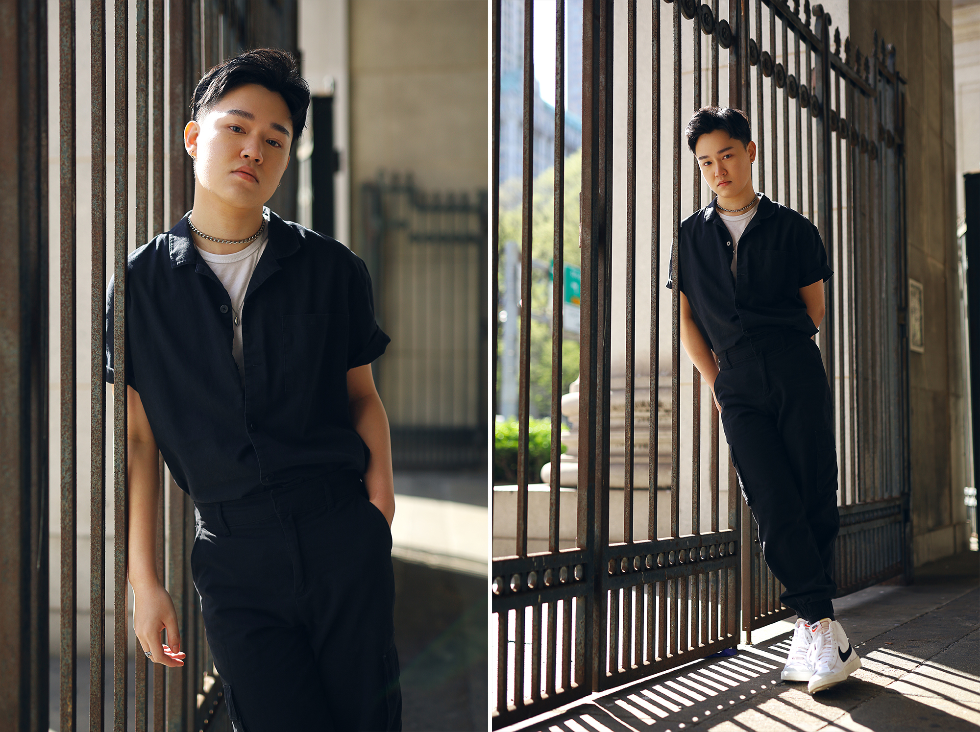 model leaning on iron gate