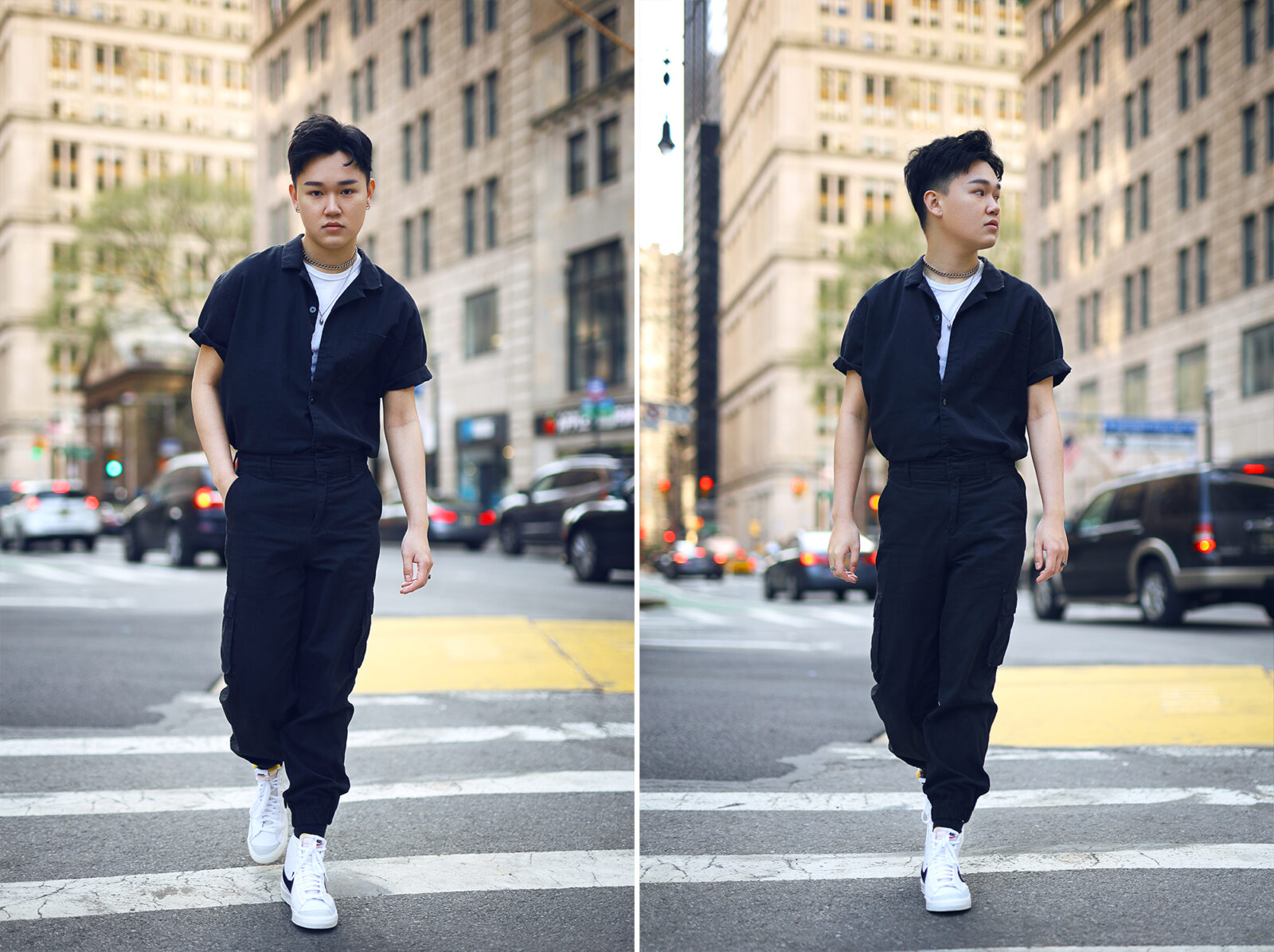 model walking across the street in city traffic