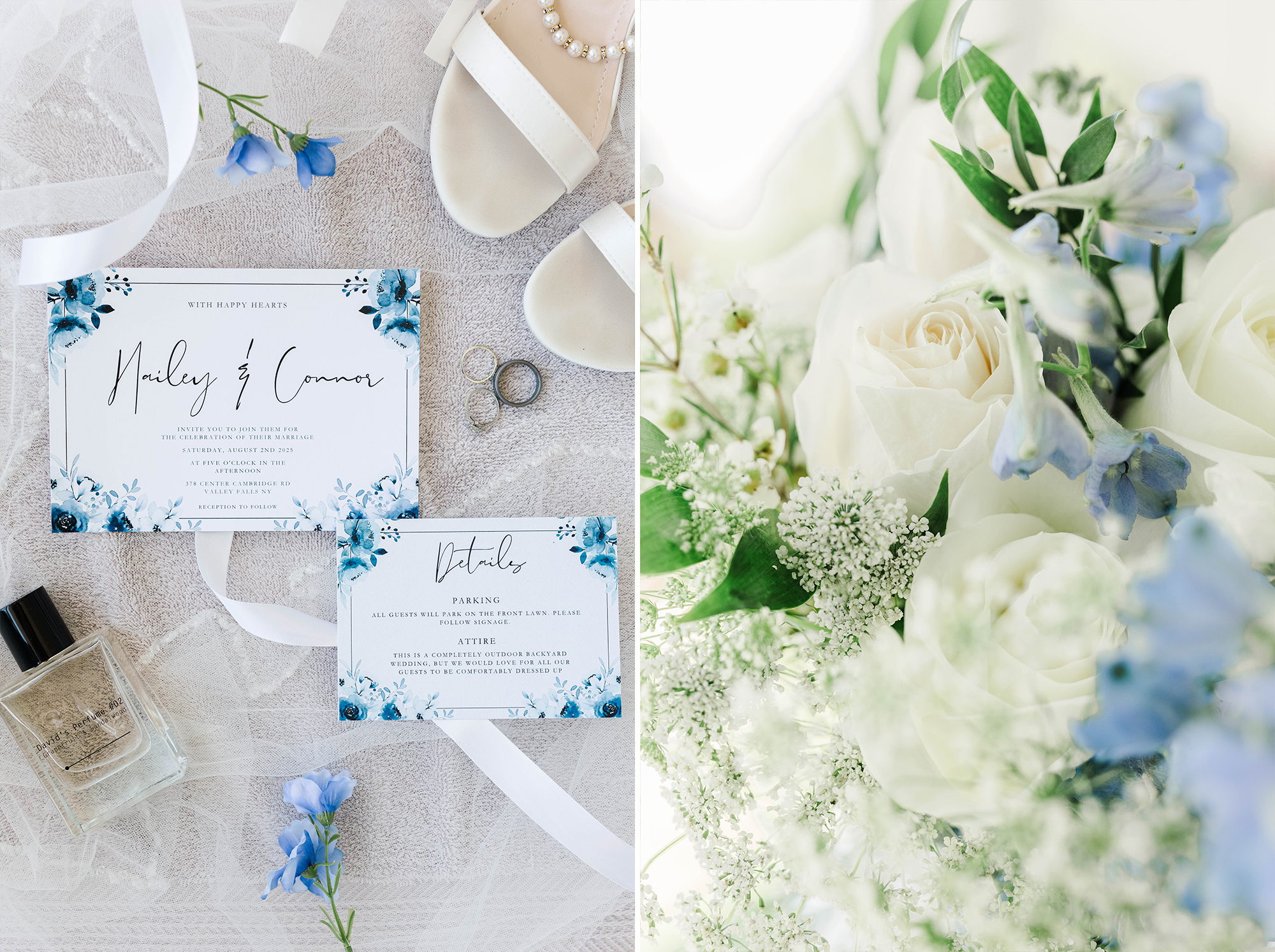 Flat lay bridal details with invitation suite and flowers
