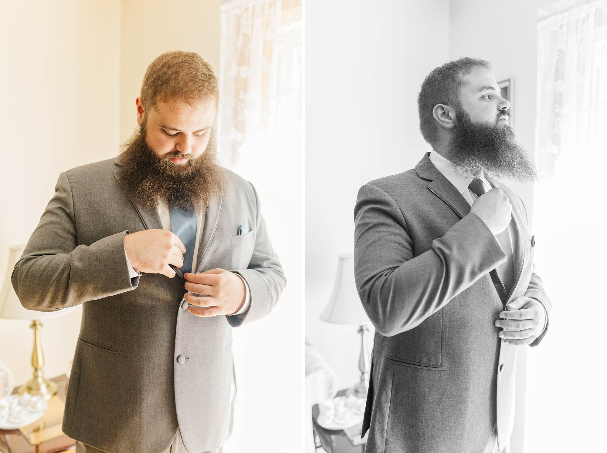 groom adjusting his tie next to window