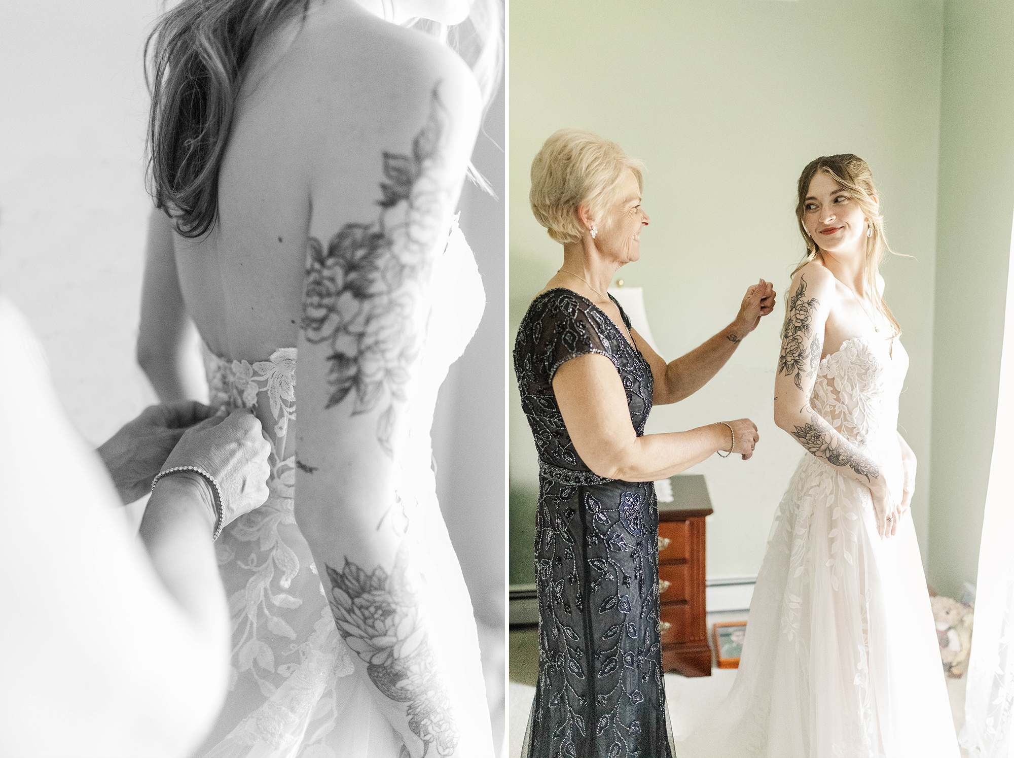 mom zipping up brides wedding dress