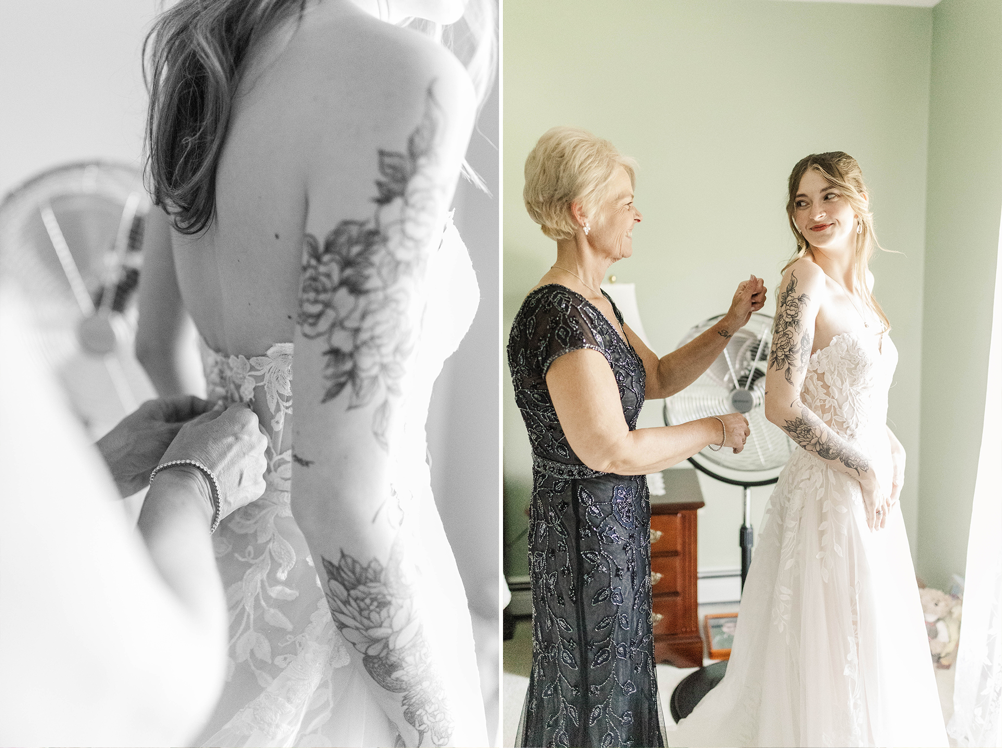 mom zipping up brides wedding dress