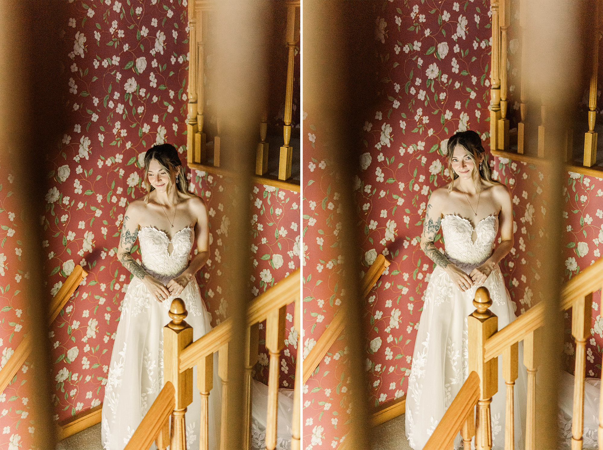bride standing on staircase with floral wallpaper