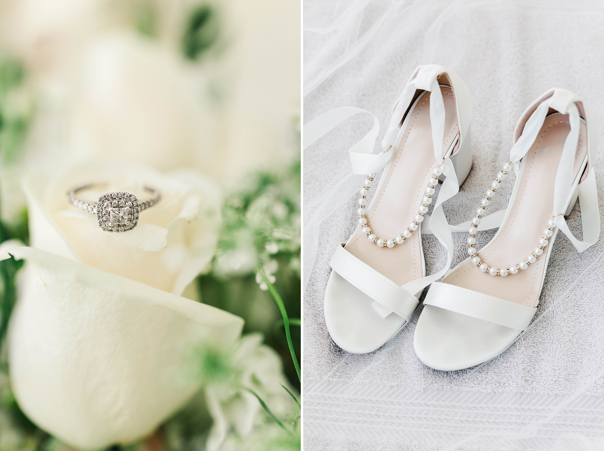 engagement ring sitting in white roses and bridal shoes