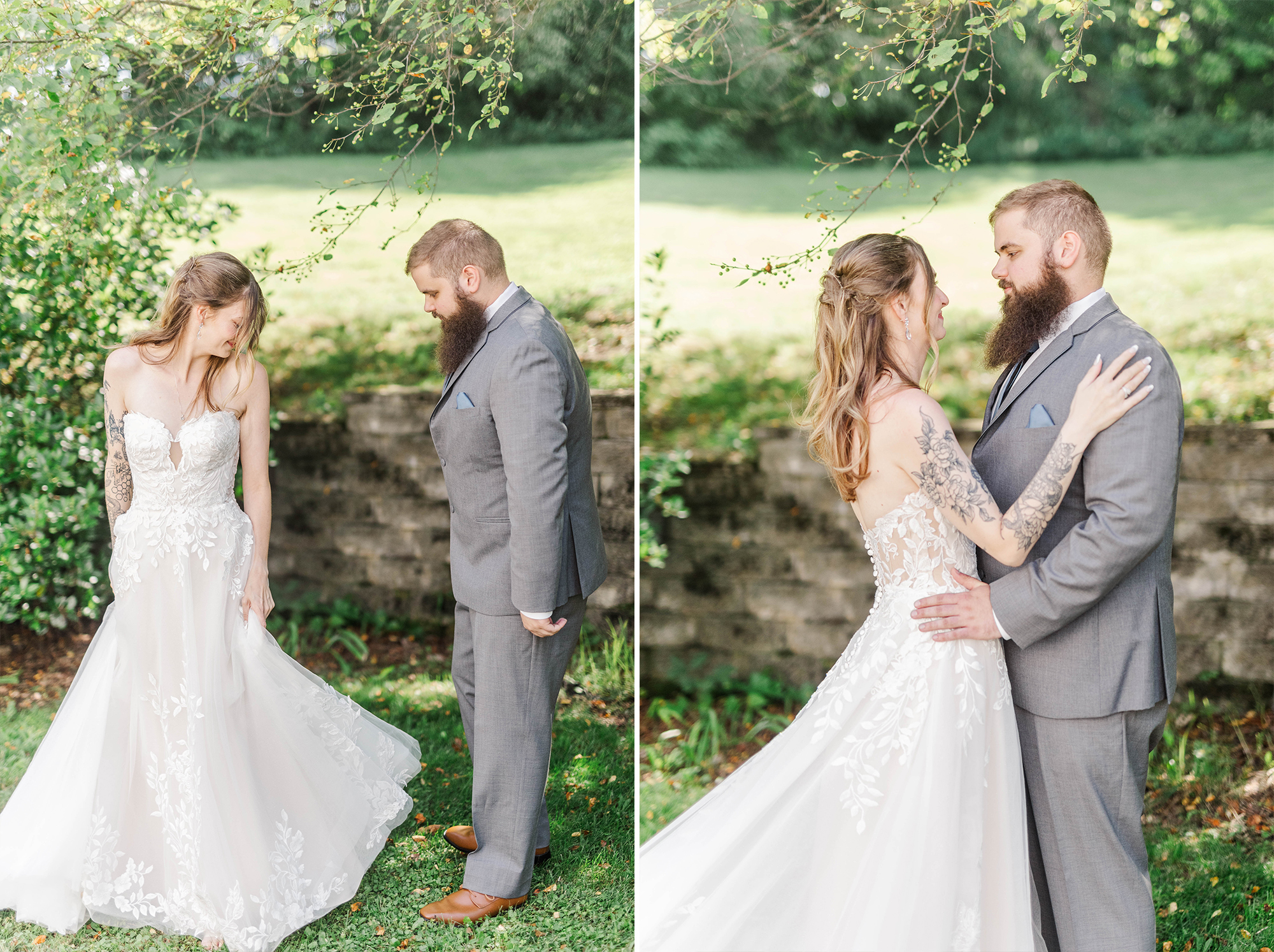 bride twirling in wedding dress with groom outdoors