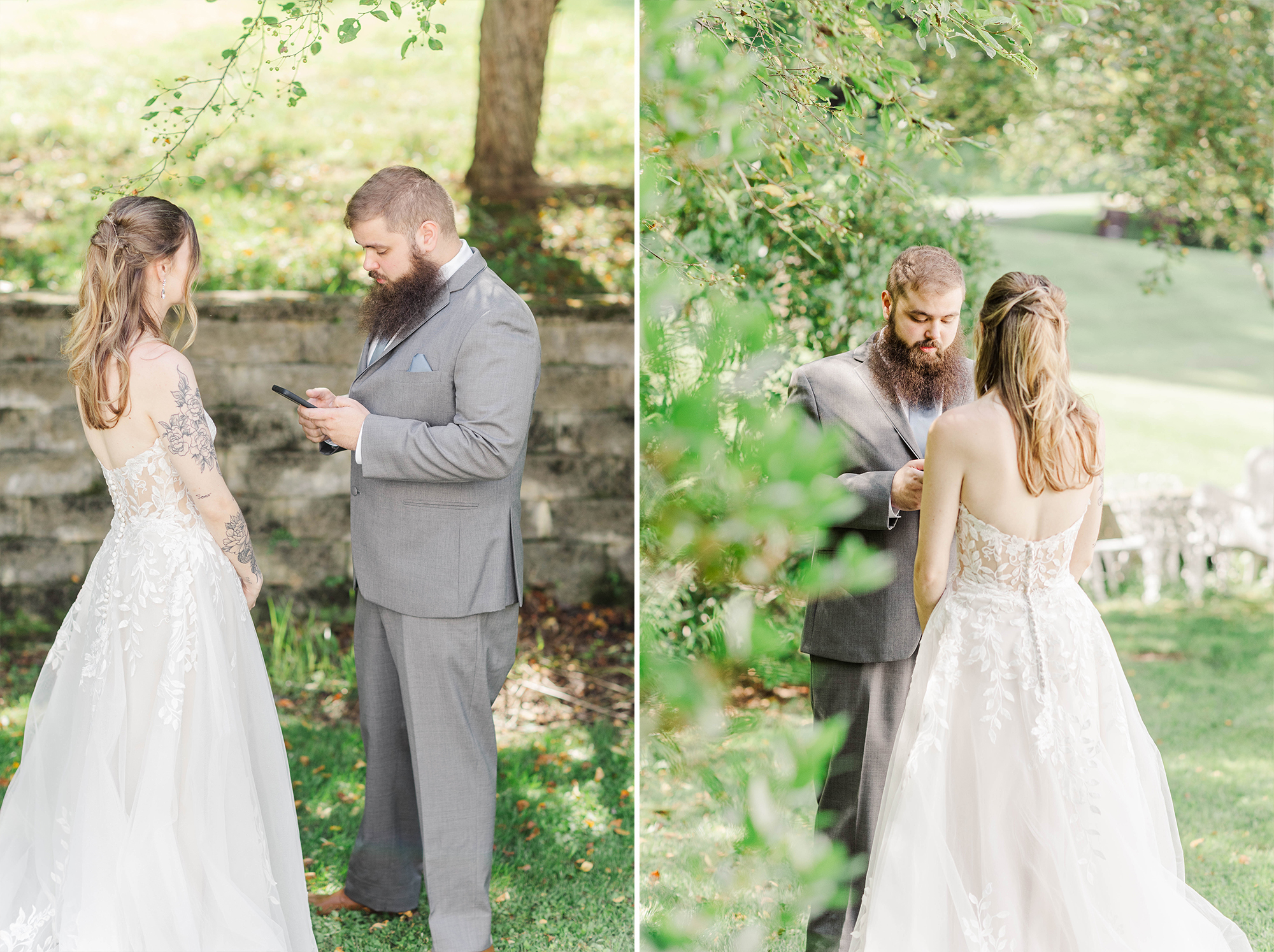 groom looking at cell phone next to bride with greenery