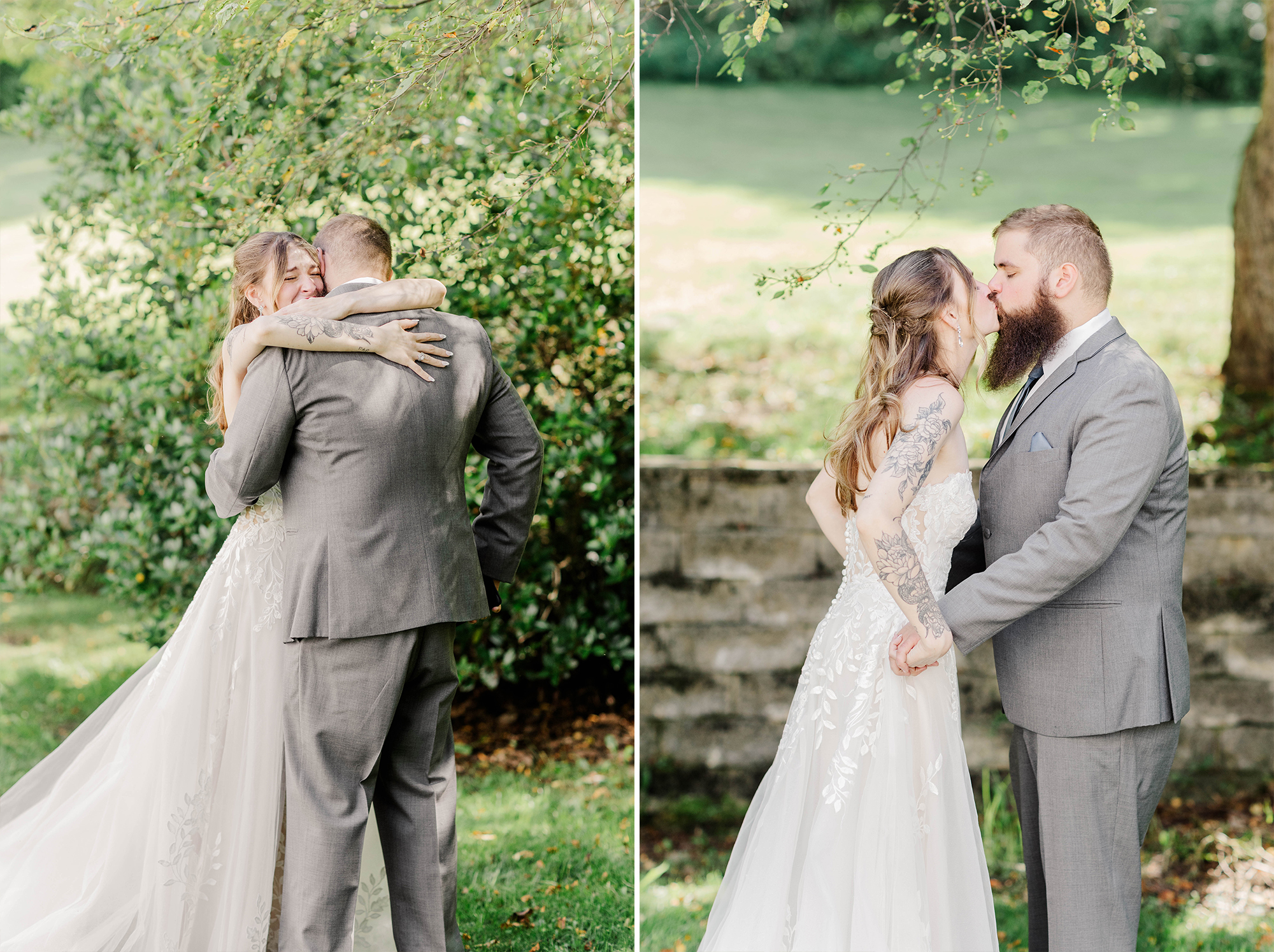 bride and groom embracing in backyard