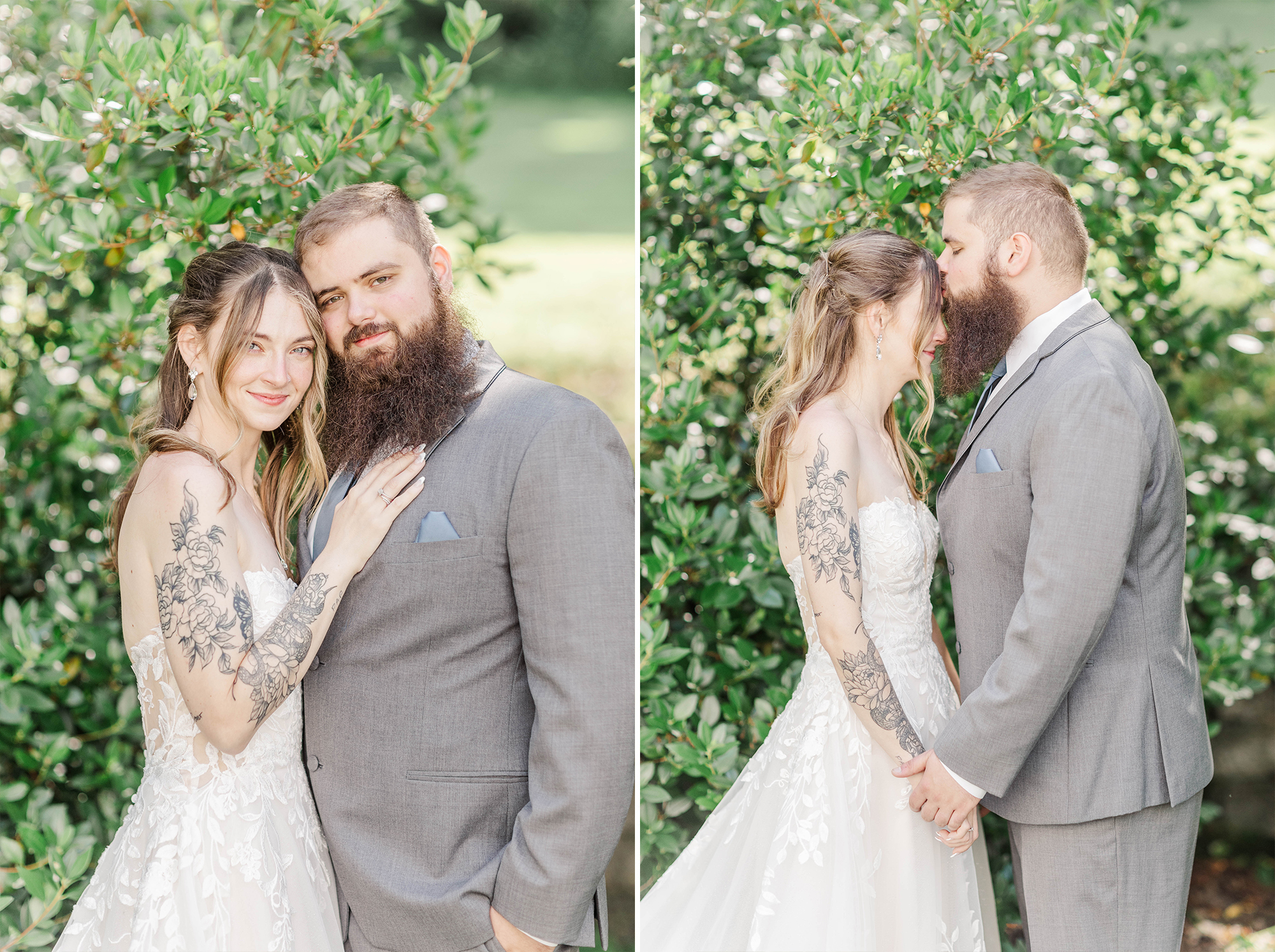 bride and groom posing next to greenery