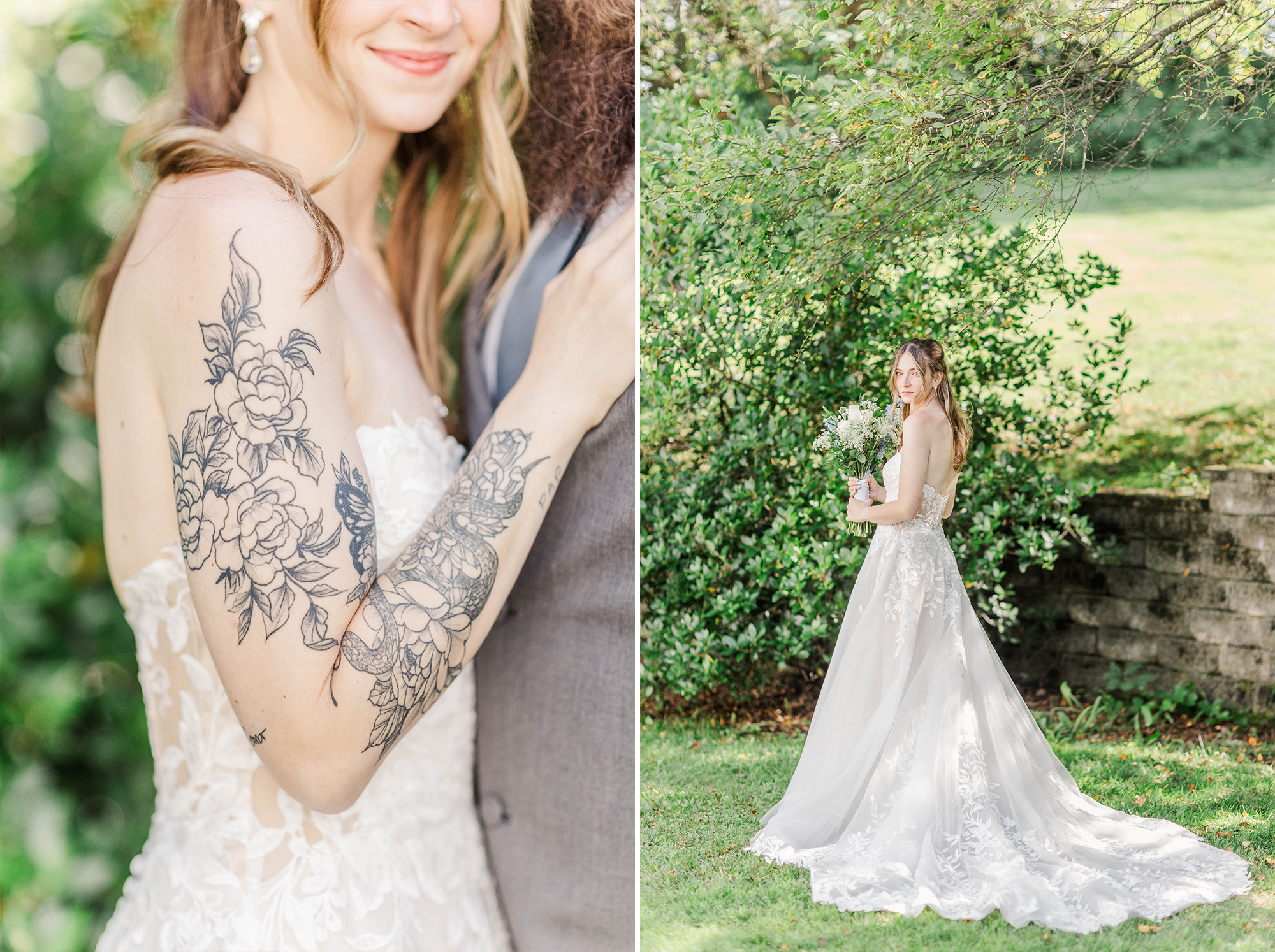 close up of bride tattoo and dress