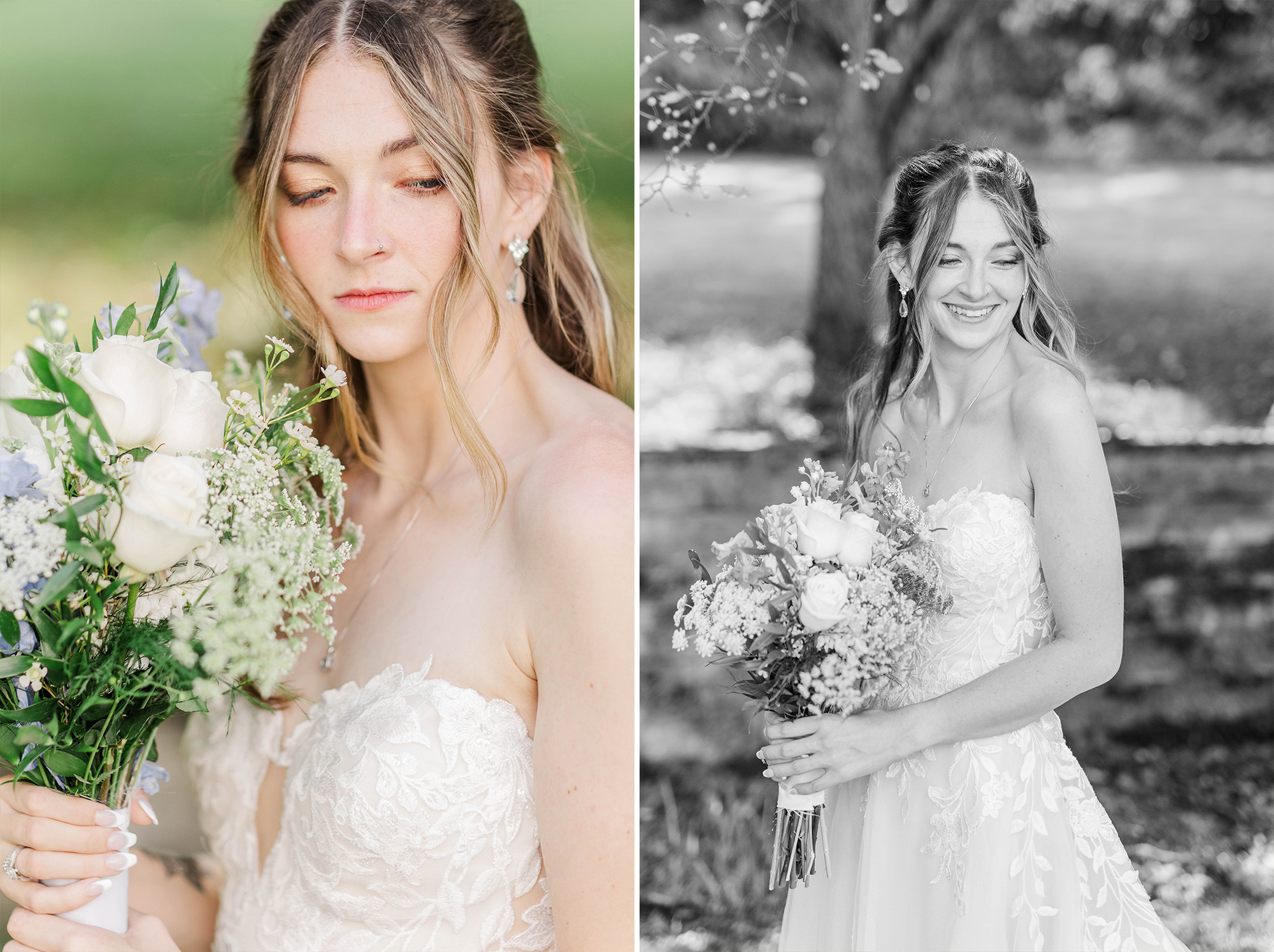 bride smiling with flower bouquet