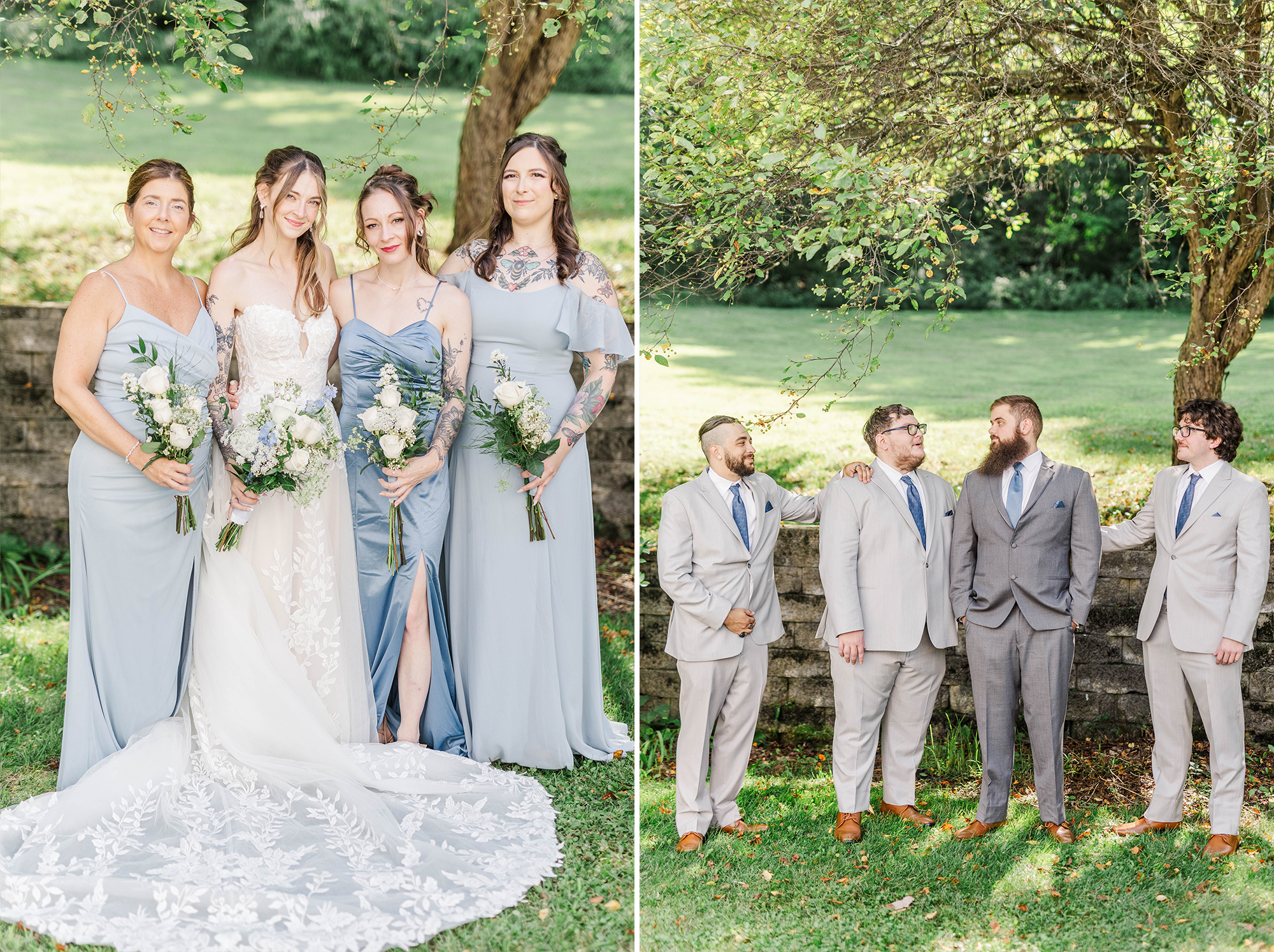 bridesmaids and groomsmen posing under tree