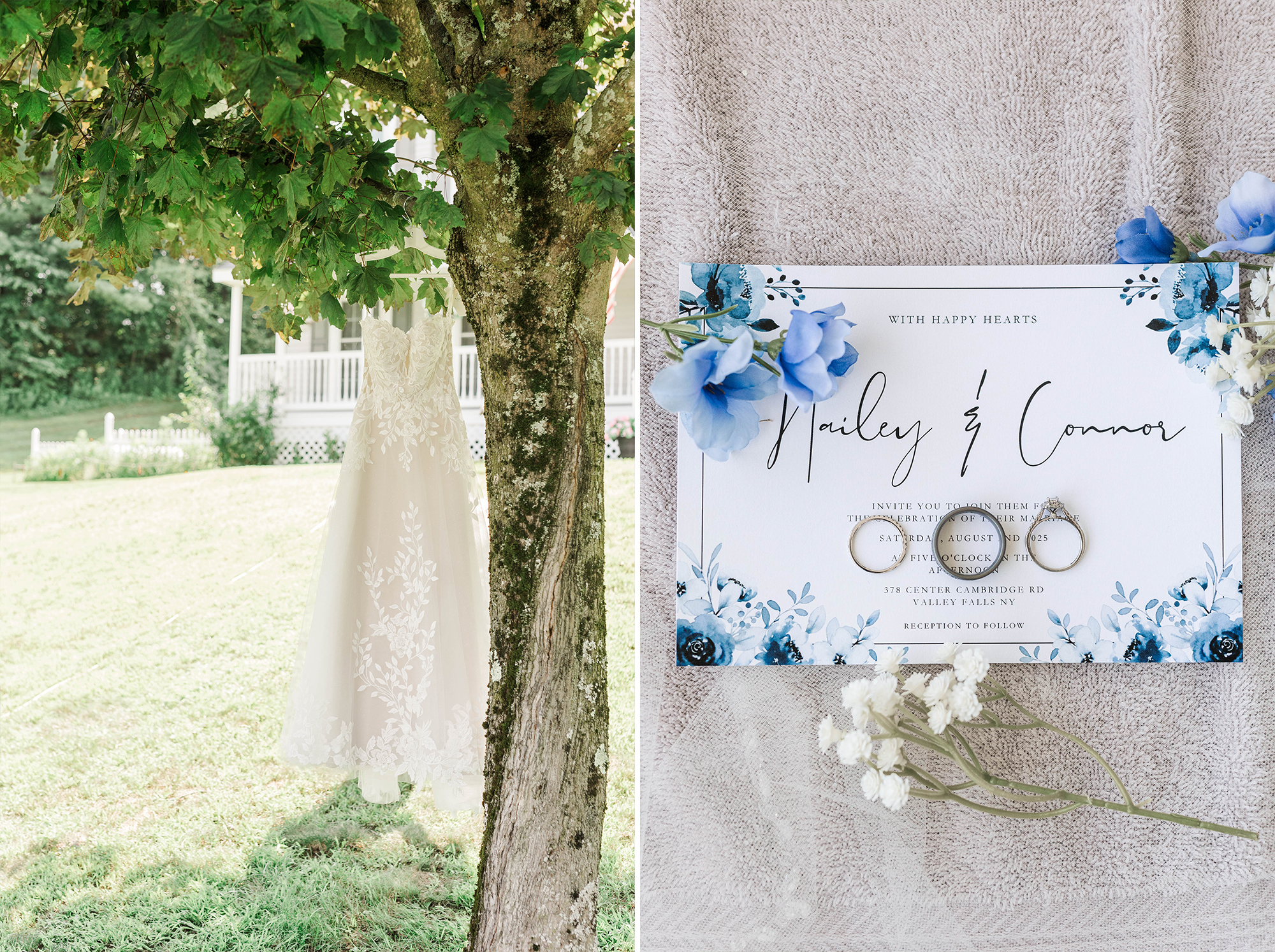 bride wedding stress hanging from outdoor tree and invitations with wedding bands