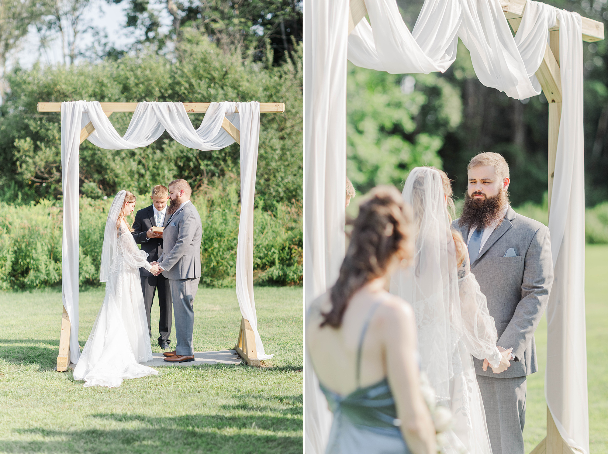 bride and groom standing under wedding arch