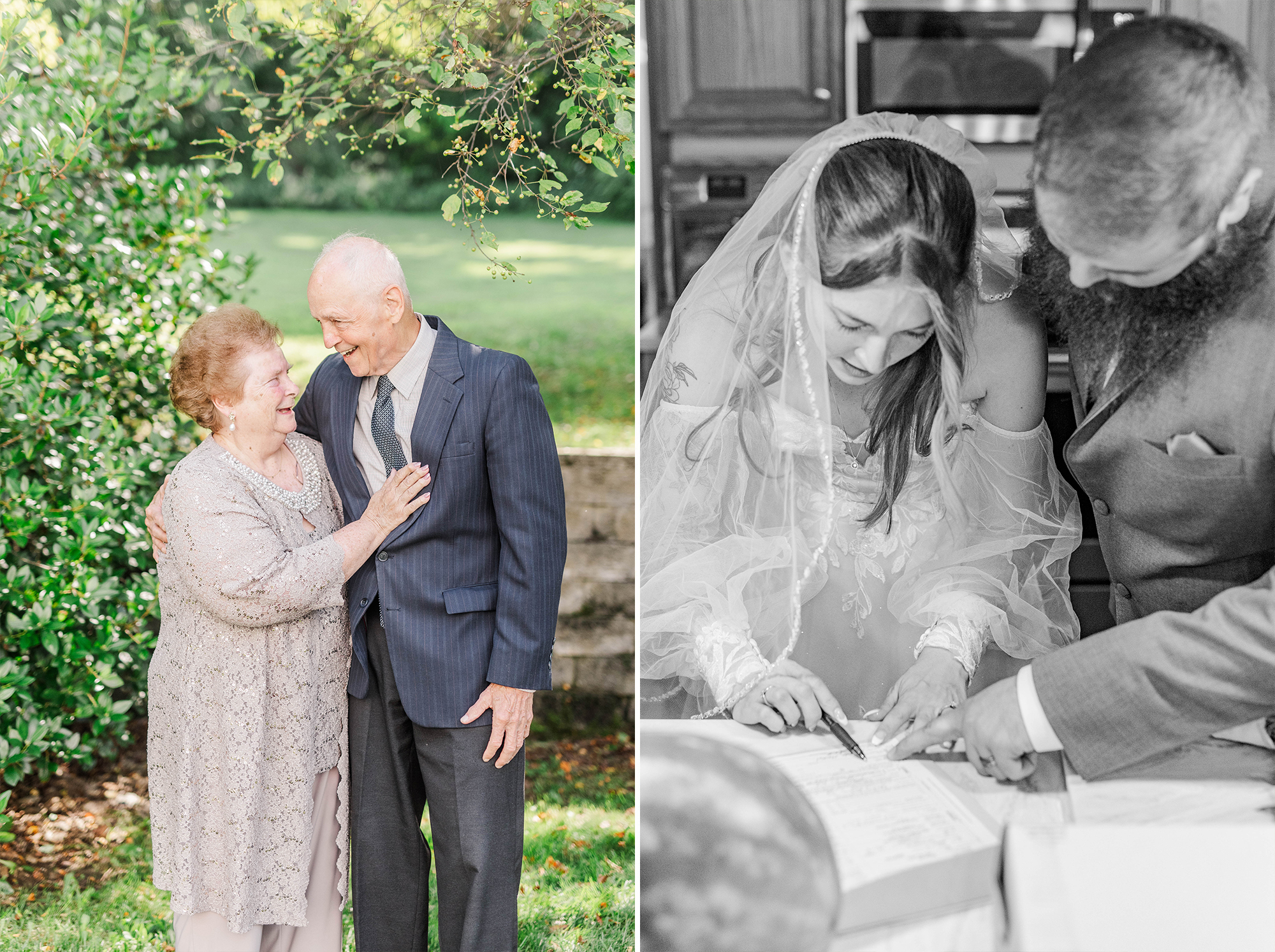 elderly couple embracing and bride and groom signing marraige license