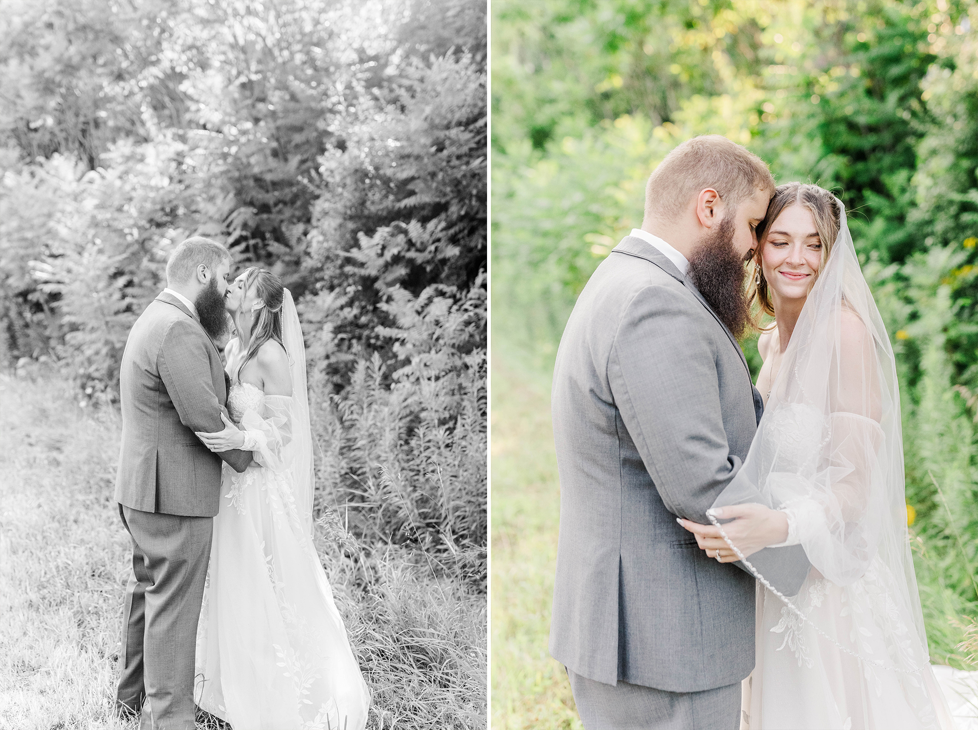 bride and groom sharing kiss surrounded by trees