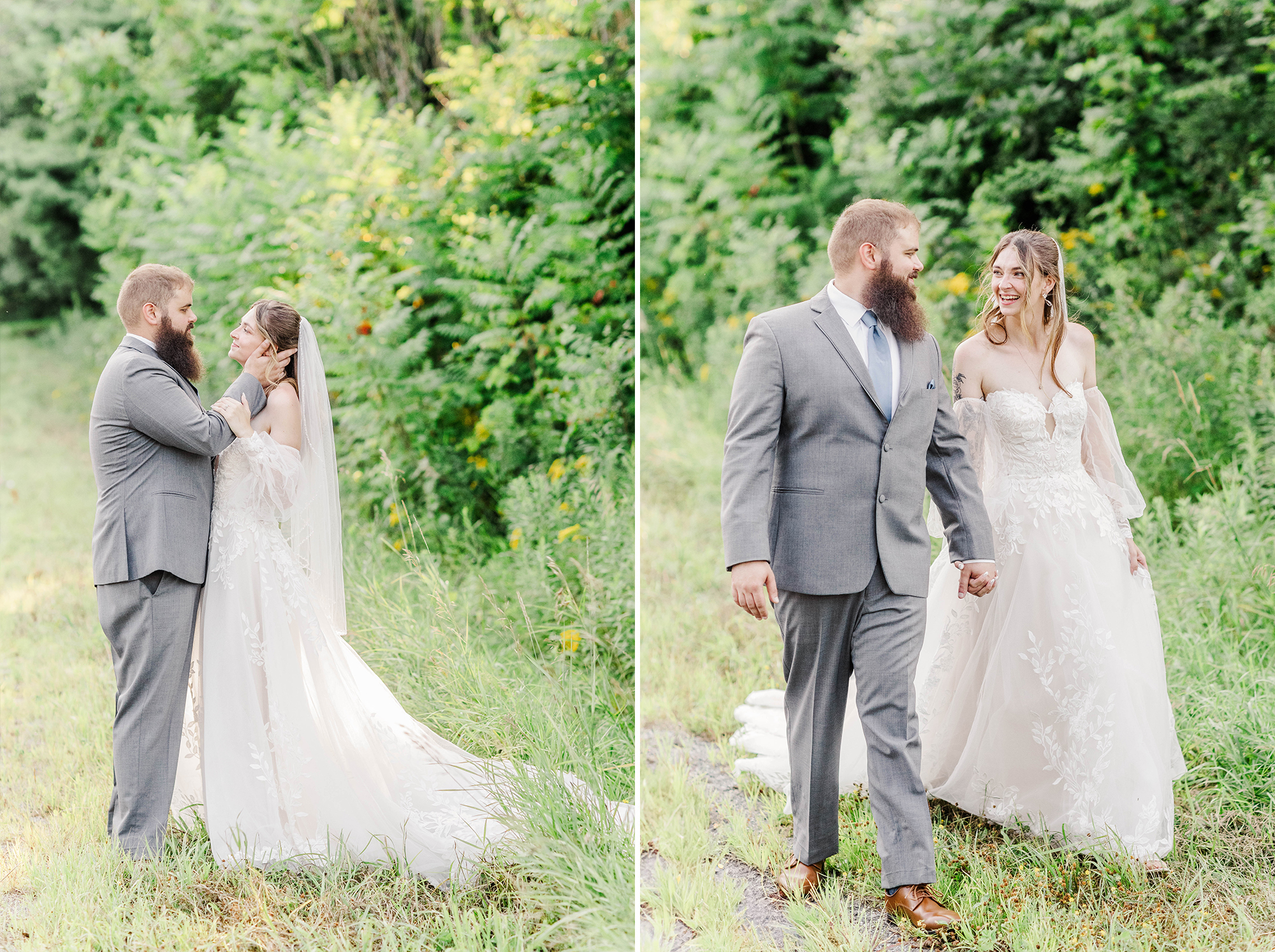 bride and groom walking together in field