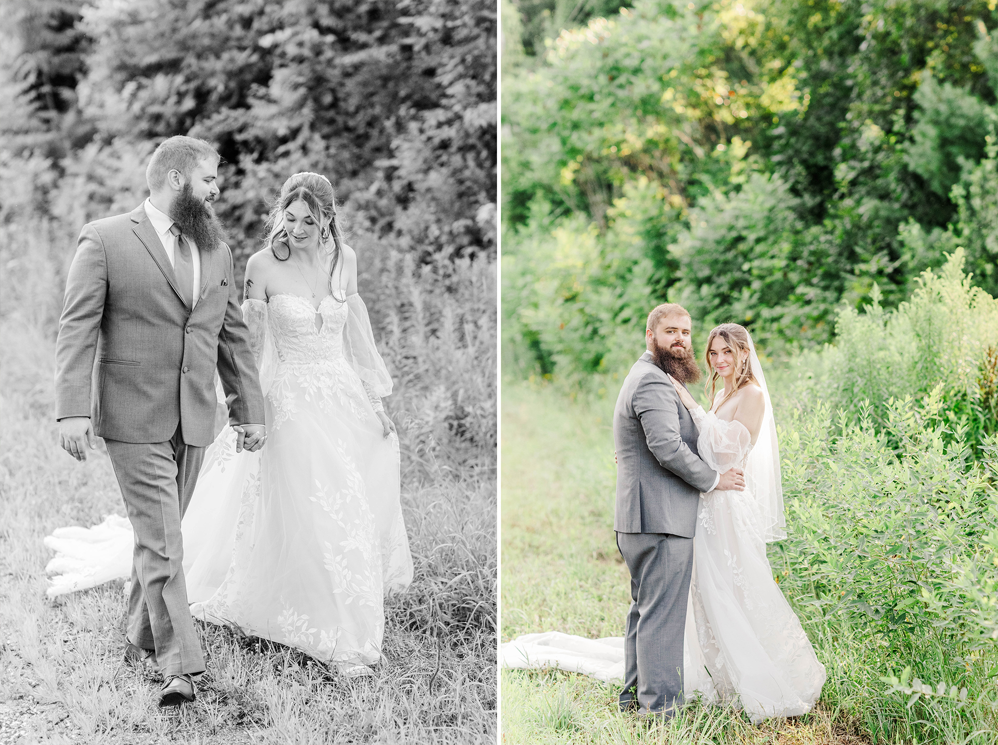 bride and groom embracing in field