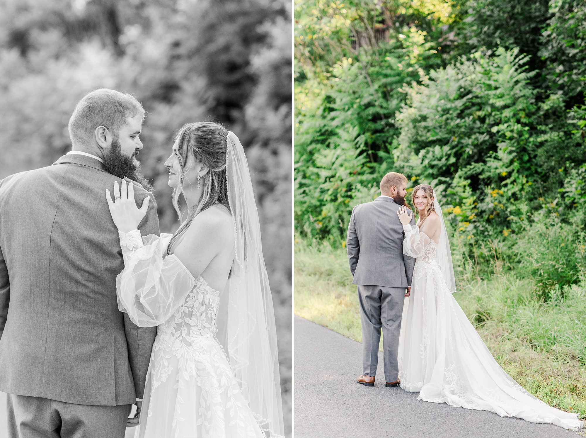 bride and groom standing on road surrounded by tall trees