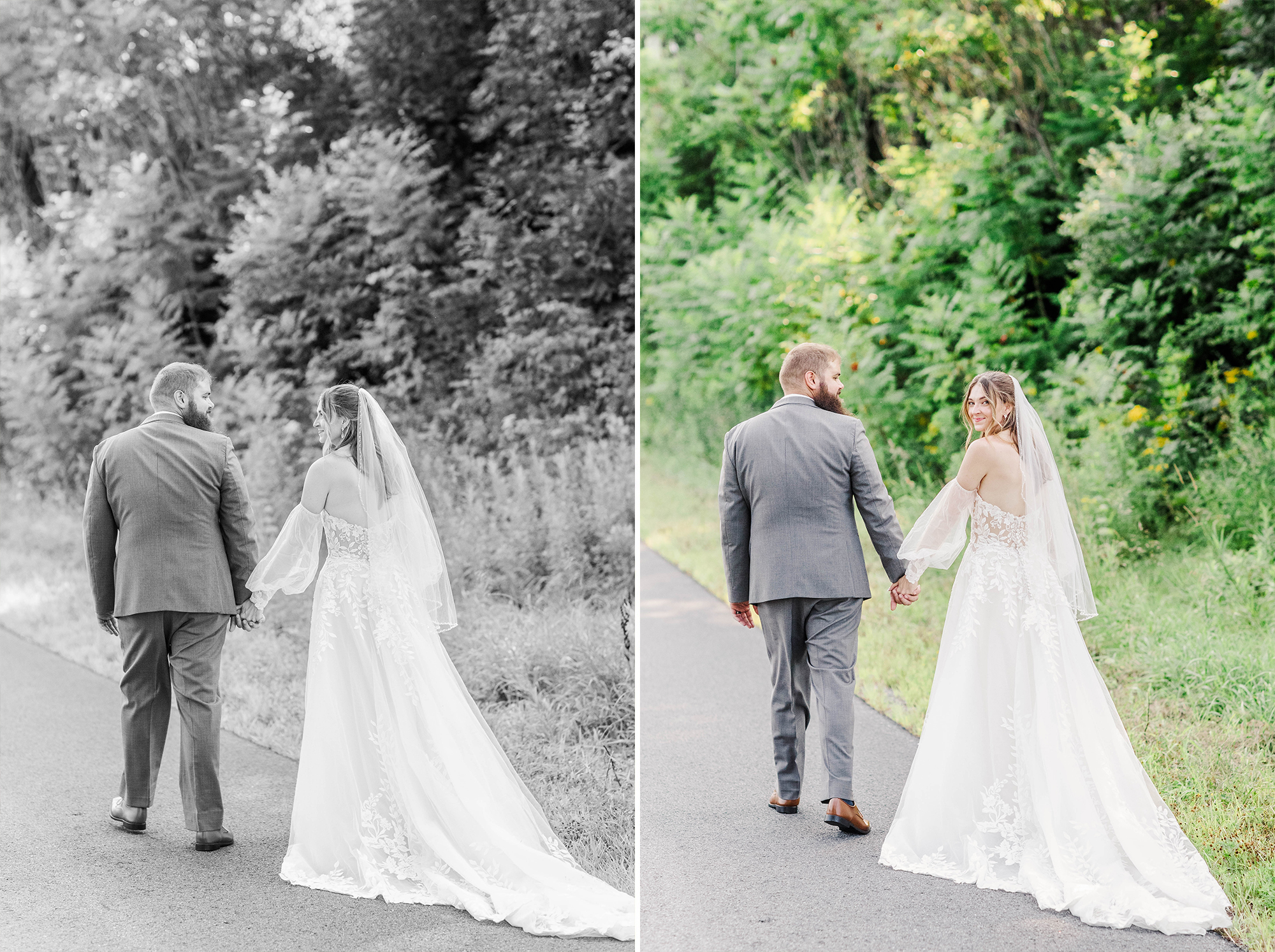 bride and groom walking down road with tall greenery