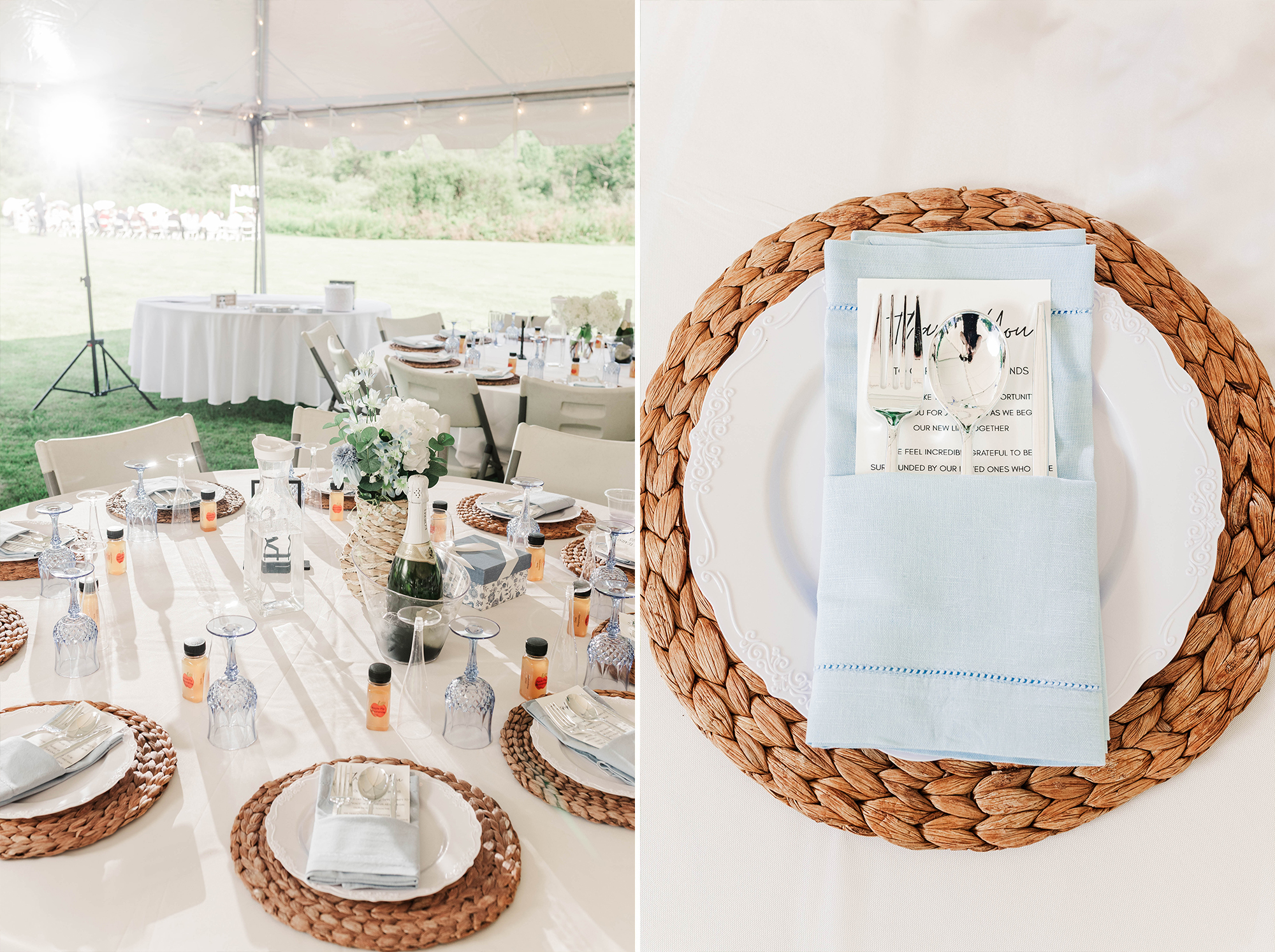 Reception with tableware, drinks and decorations