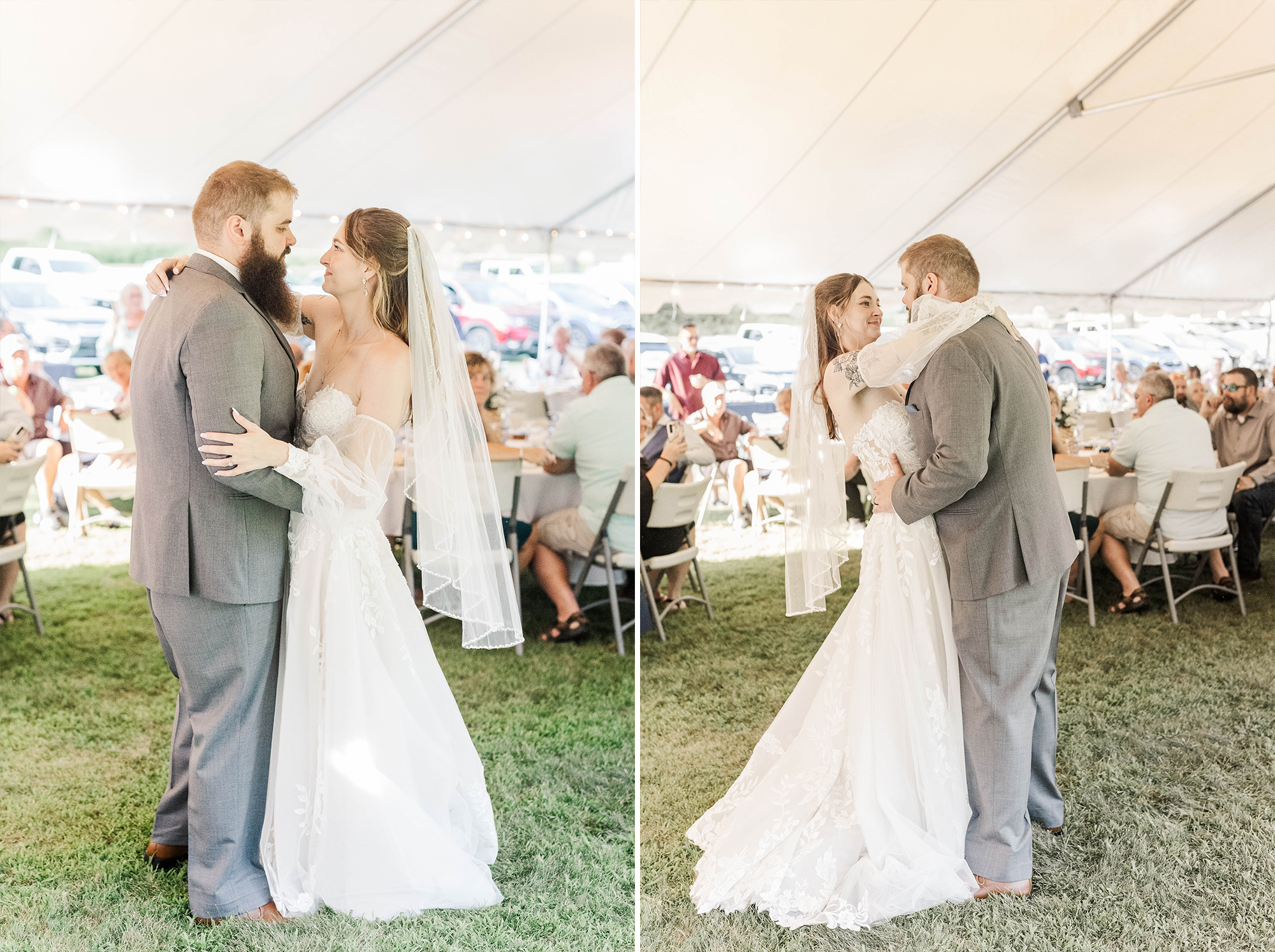 bride and groom embracing during first dance
