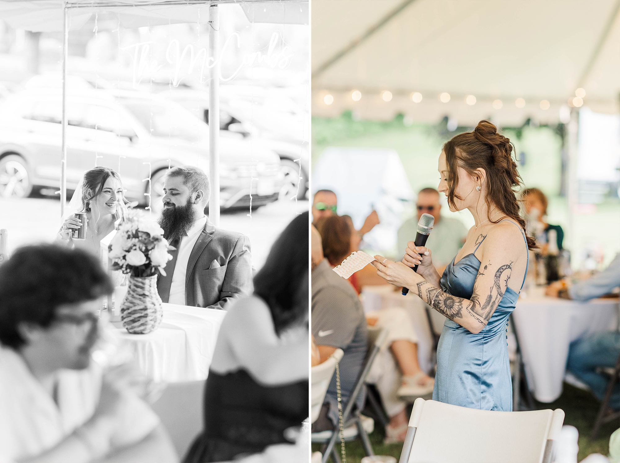 bride and groom and bridesmaid during toasts