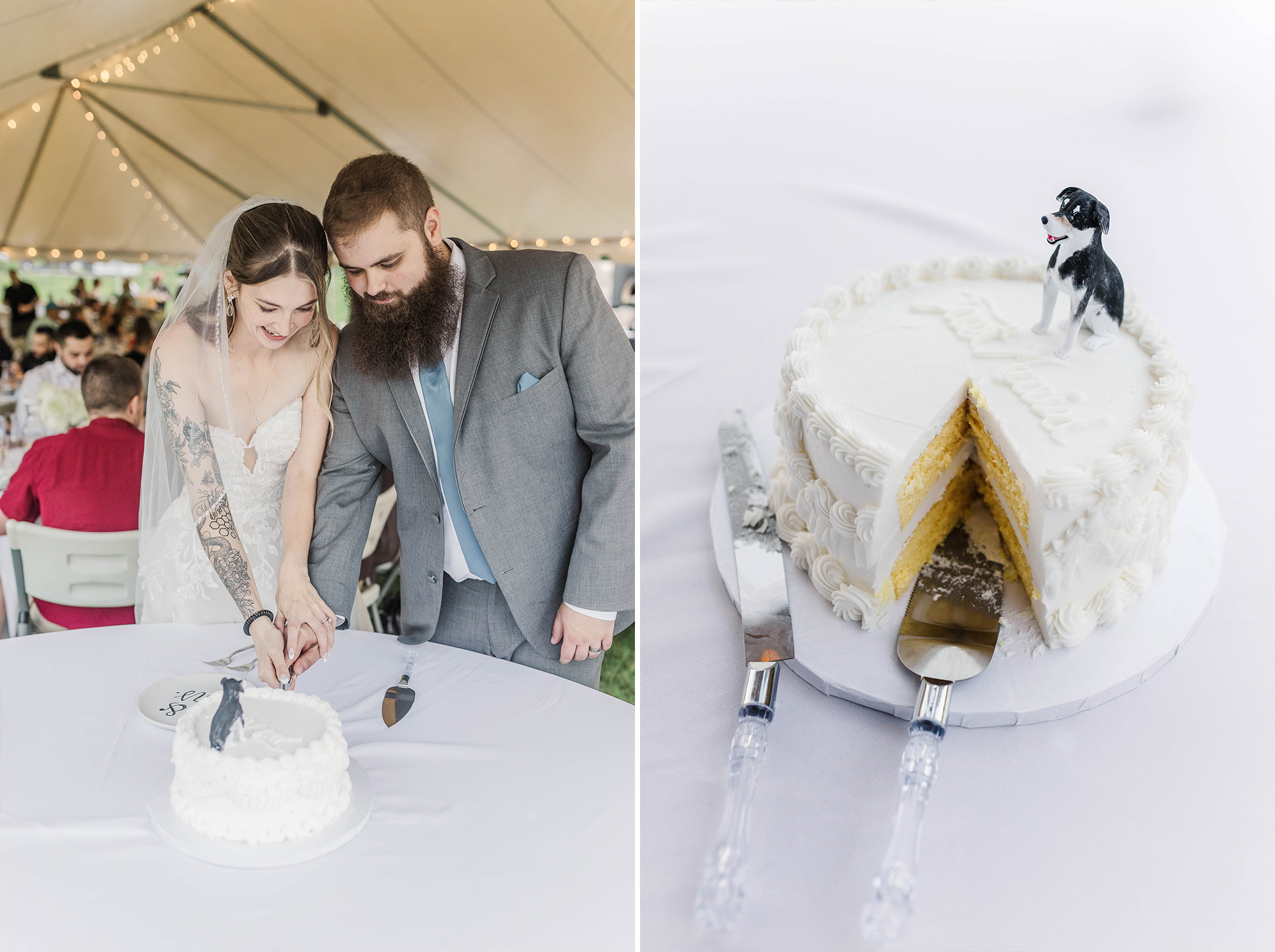 bride and groom cutting cake together