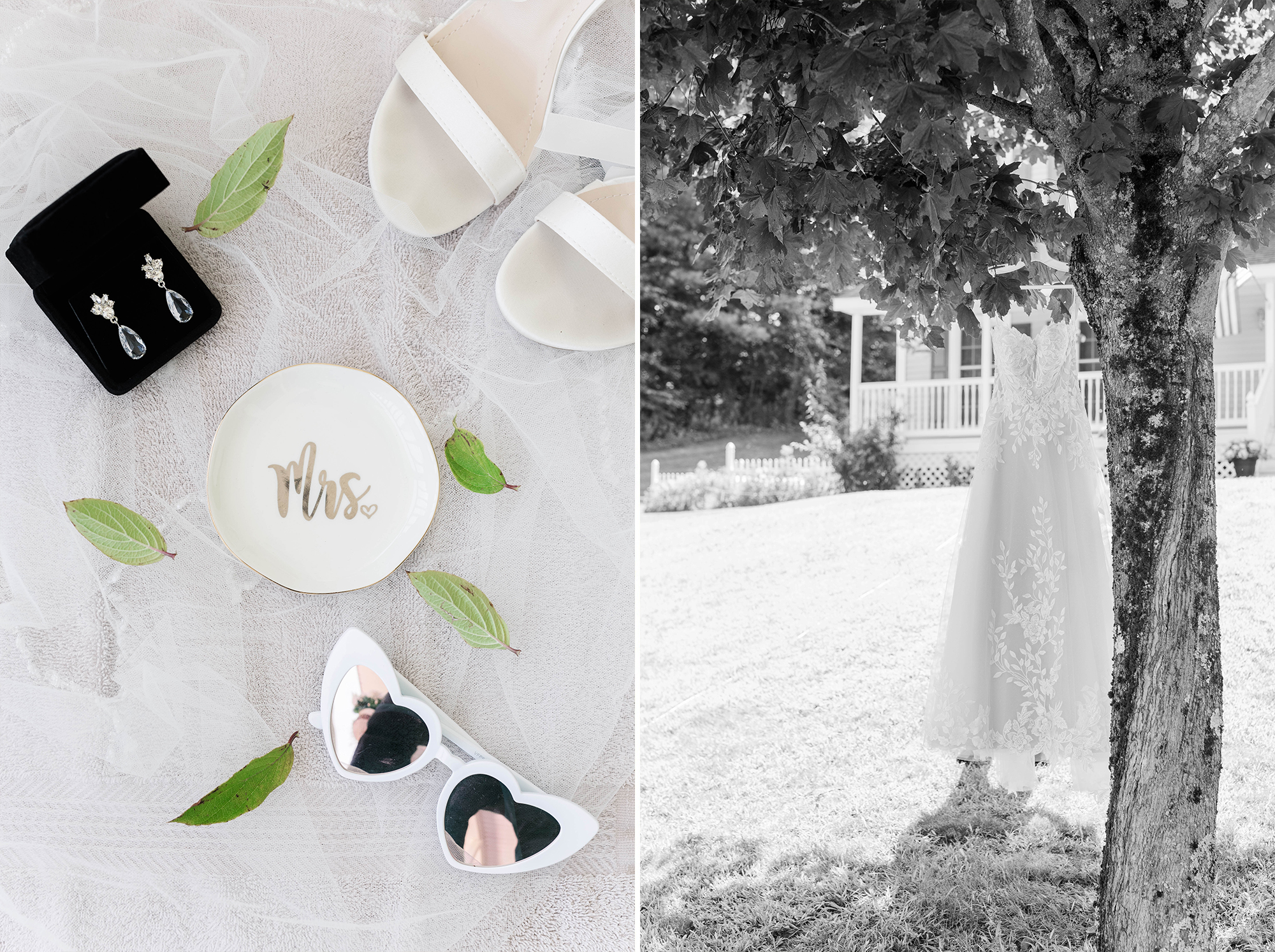 bridal details and wedding dress in tree