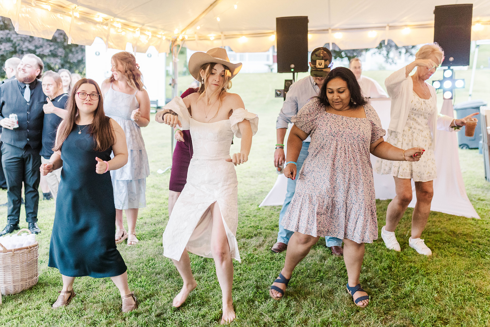 bride and guests dancing