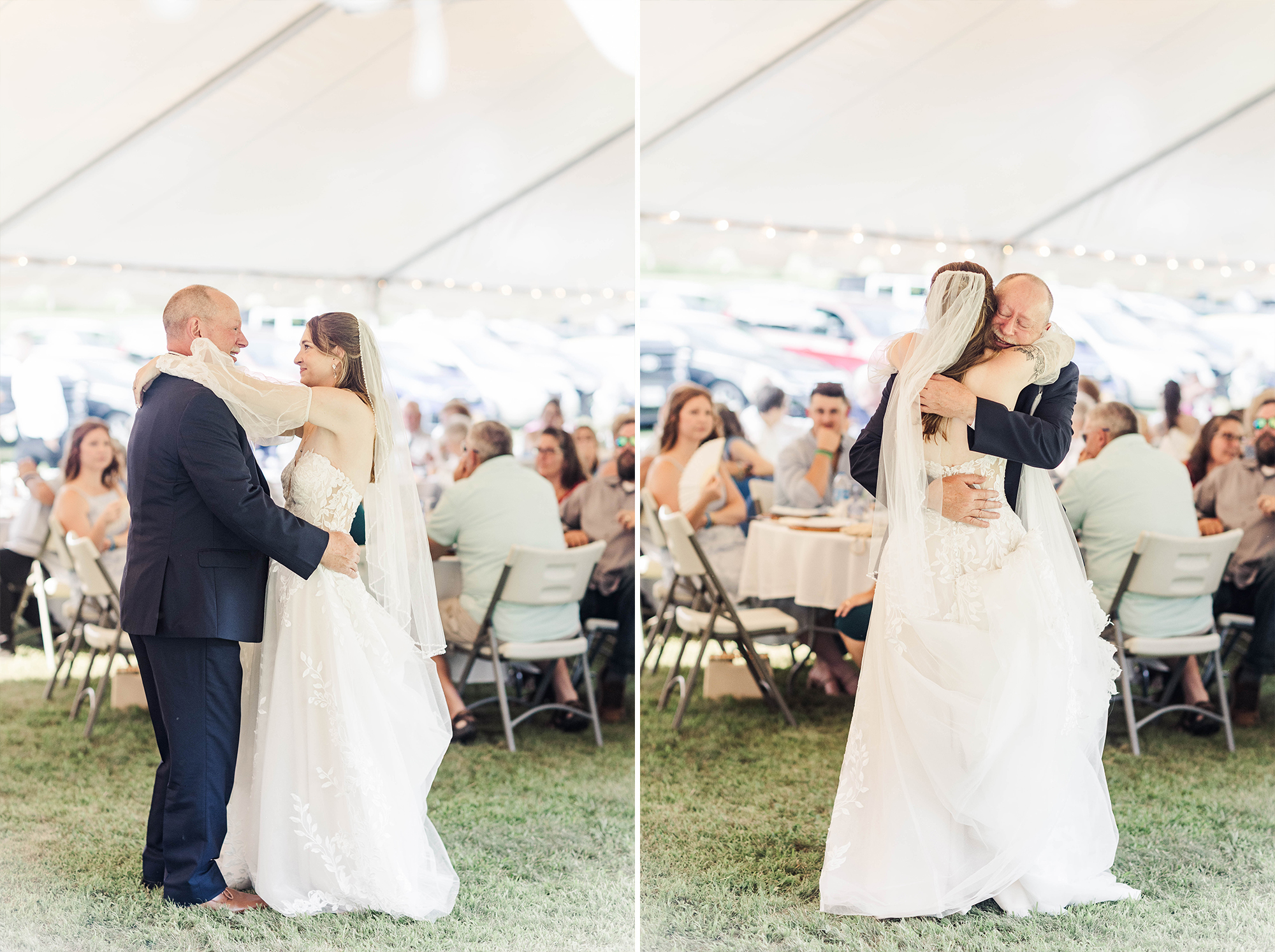 bride dancing with father at reception with guests