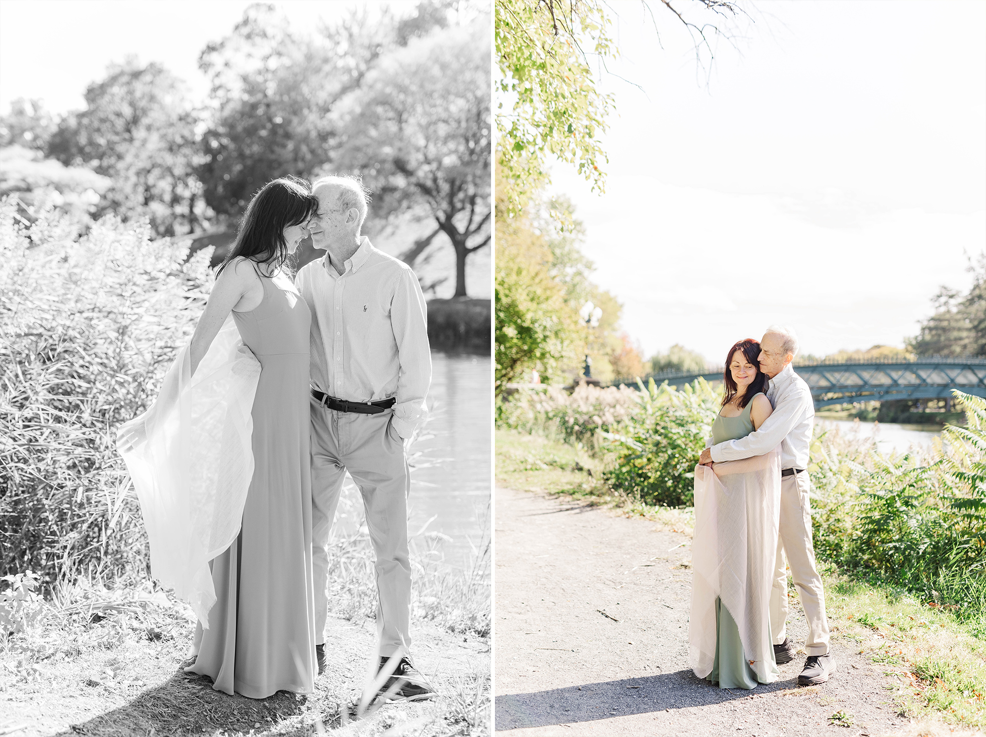 married couple standing on path in park with bridge