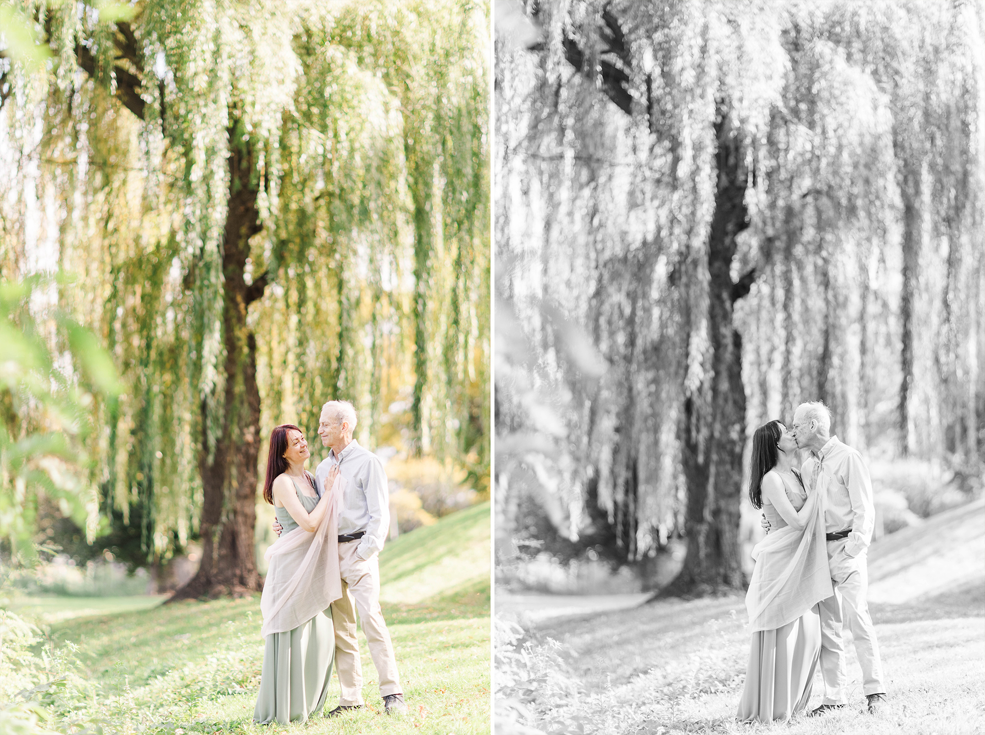 couple sharing a kiss in front of large willow tree