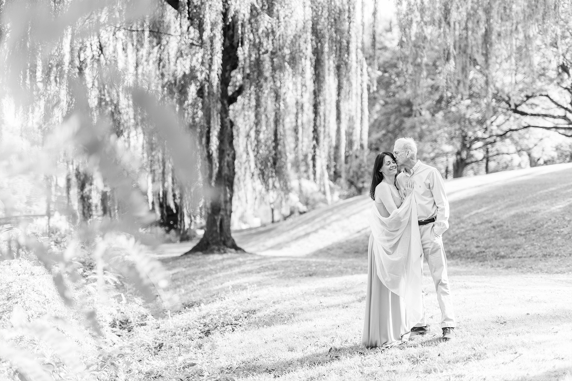 couple sharing a kiss with large tree in park 