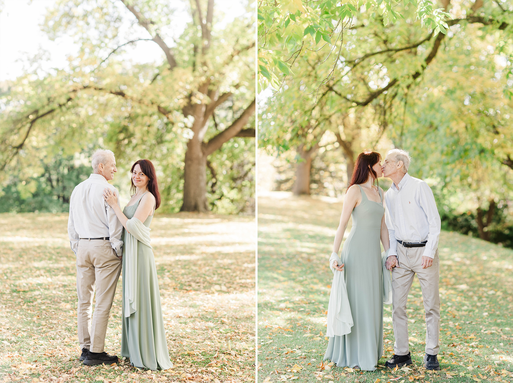 couple in park with greenery and yellow leaves