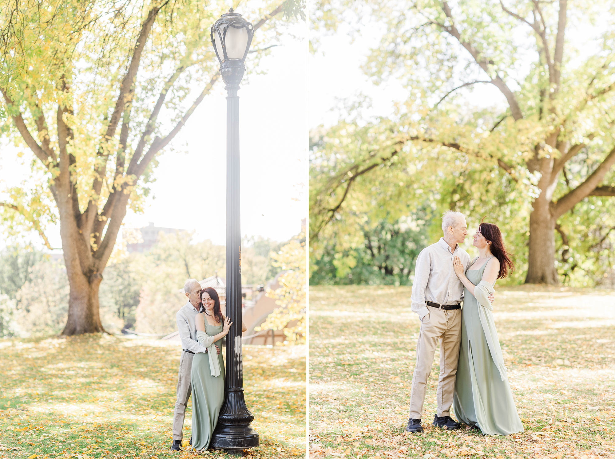 married couple with tall lamp post and trees with yellow leaves