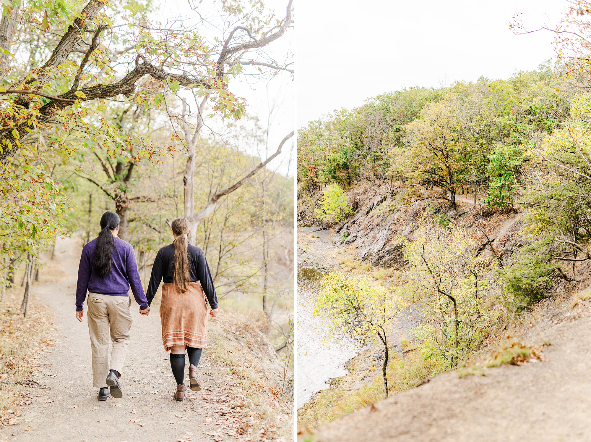 couple walks hand in hand on trail overlooking a cliff and water