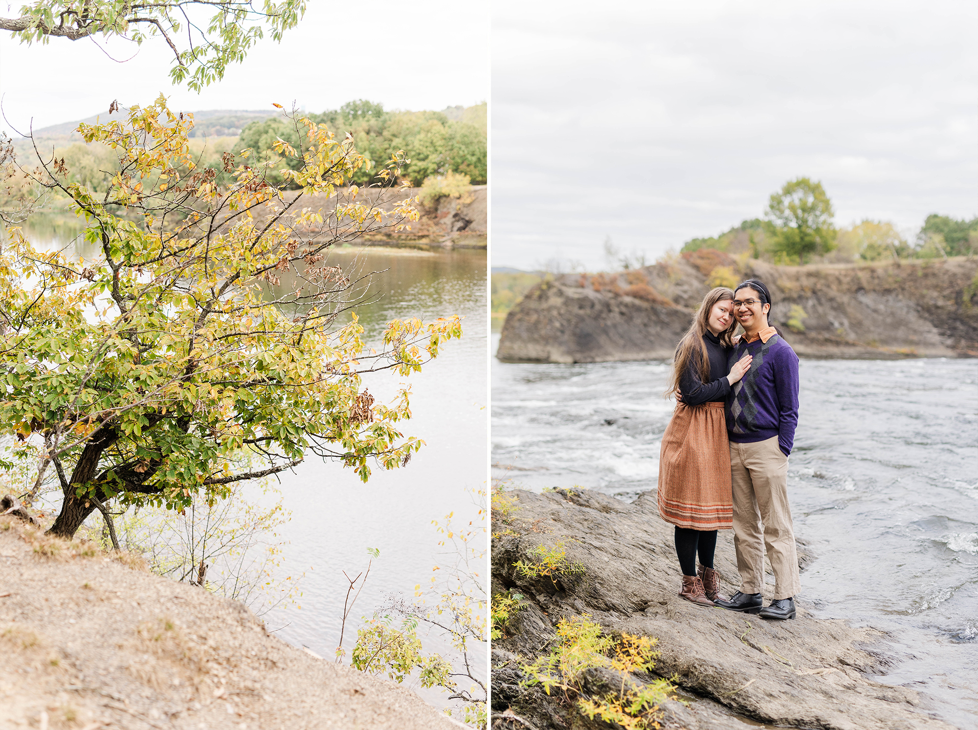 couple poses with each other next to water with fall colors