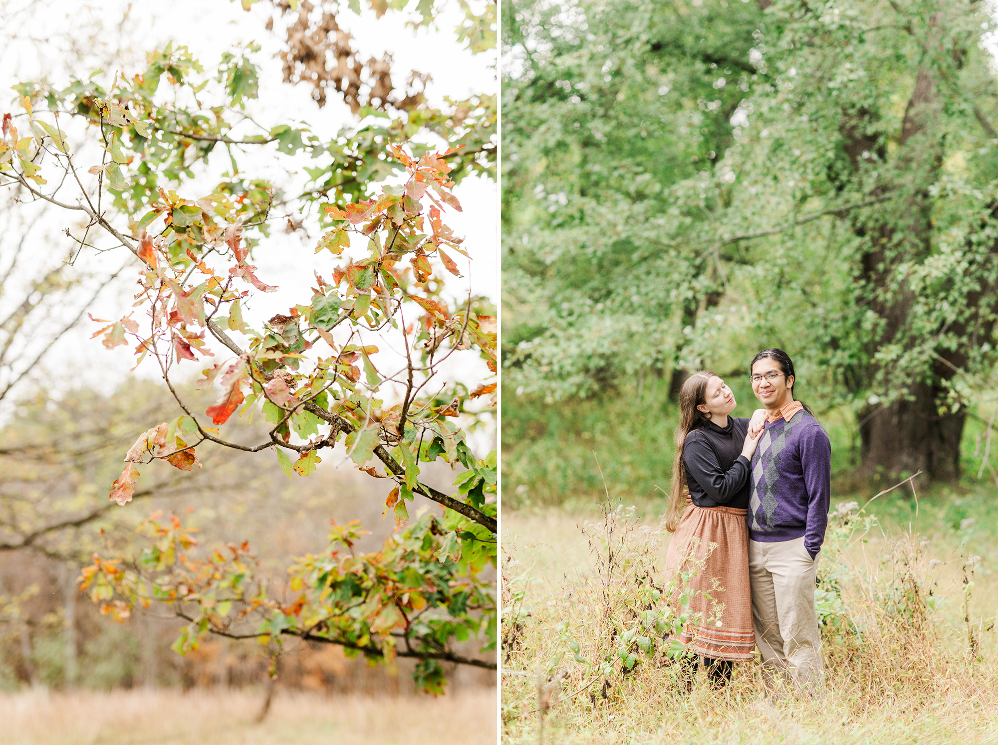 couple poses in tall grass surrounded by tall trees and fall colors