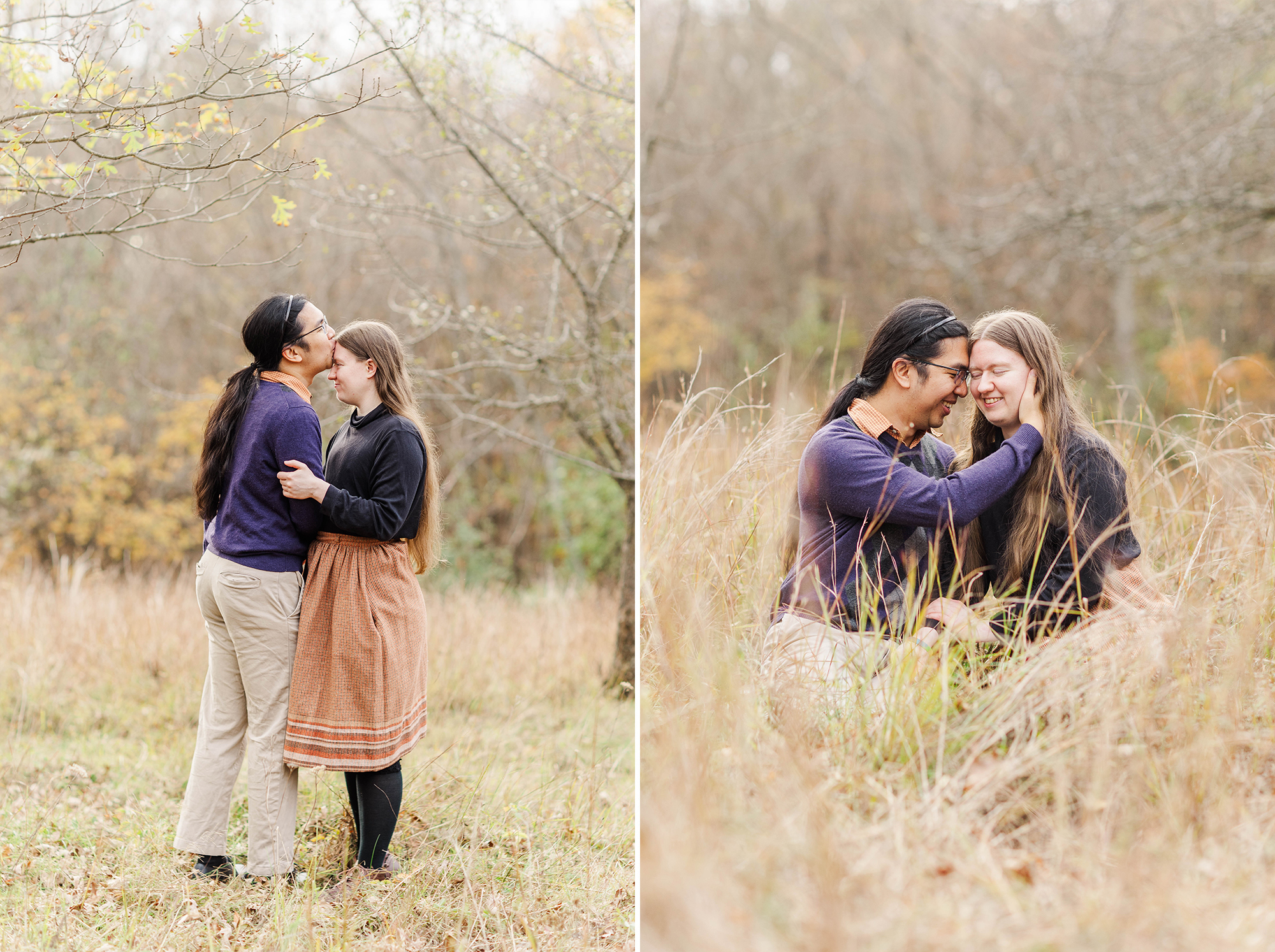 couple sharing kiss and also sitting in tall grass holding each other