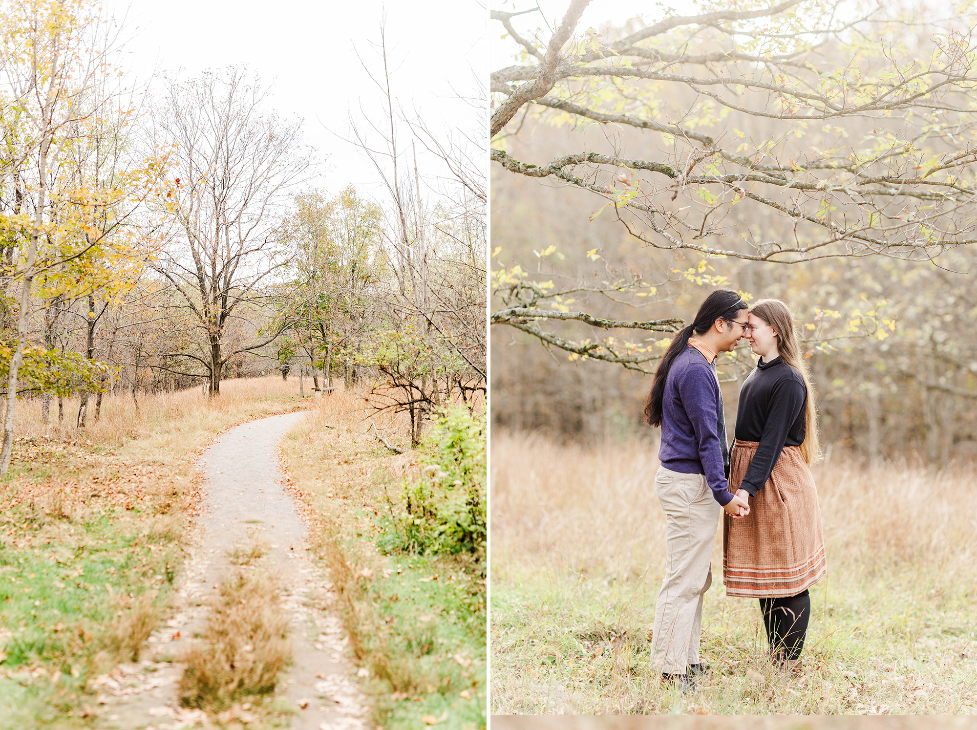 hiking trail path and couple standing with foreheads pressed against another