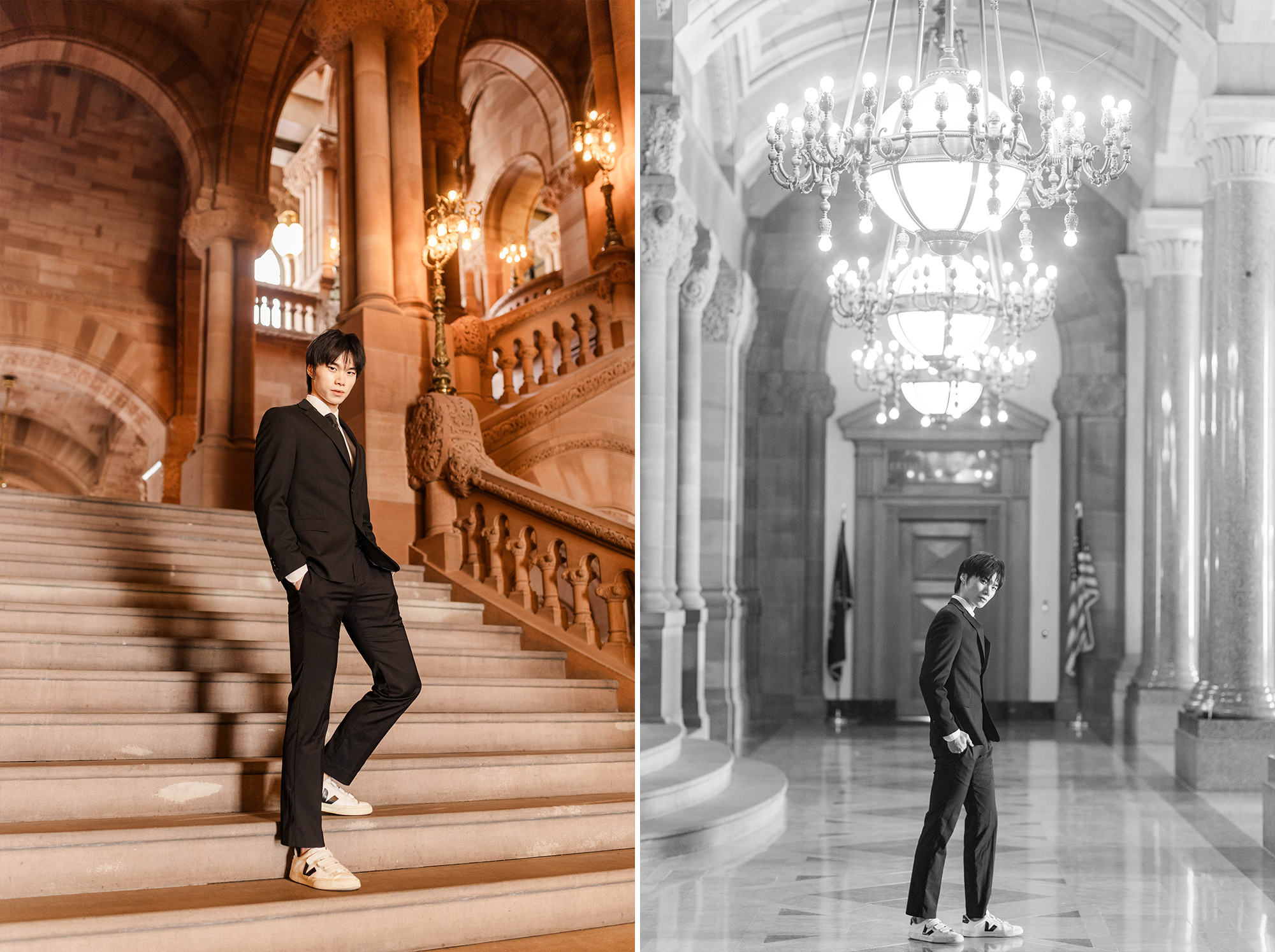male model on grand staircase and standing underneath large chandeliers