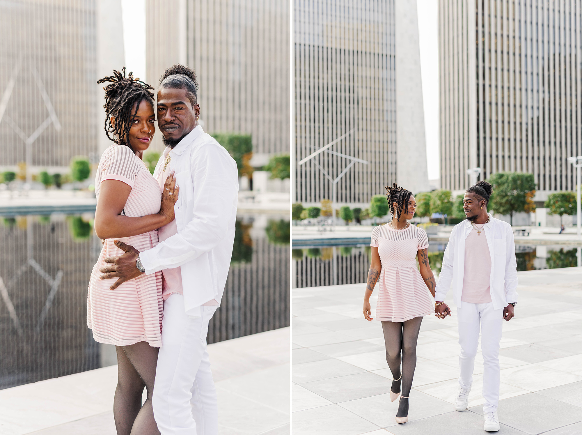 couple posing with each other and walking hand in hand in plaza with buildings