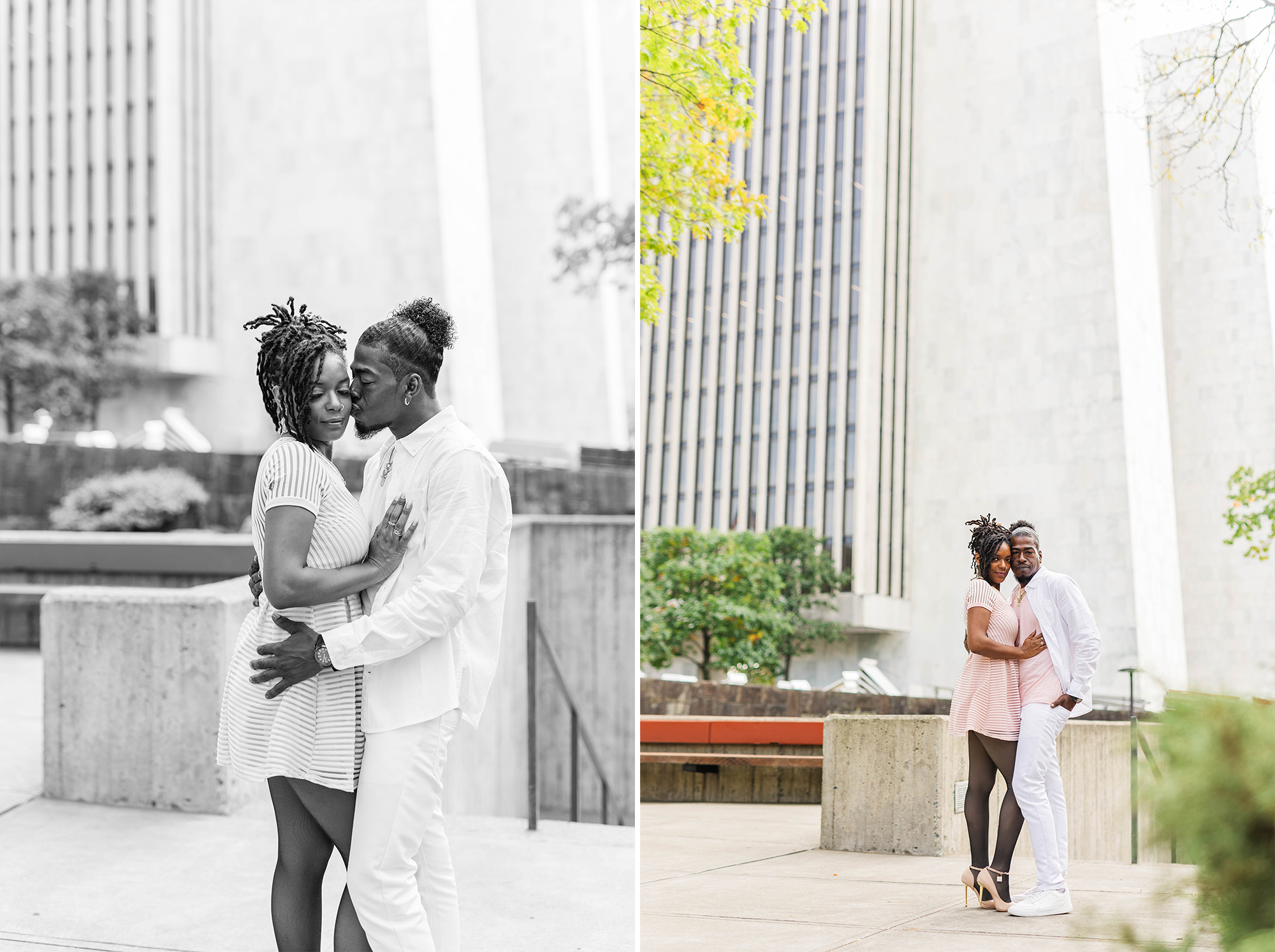 couple holding each other in front of office building in park