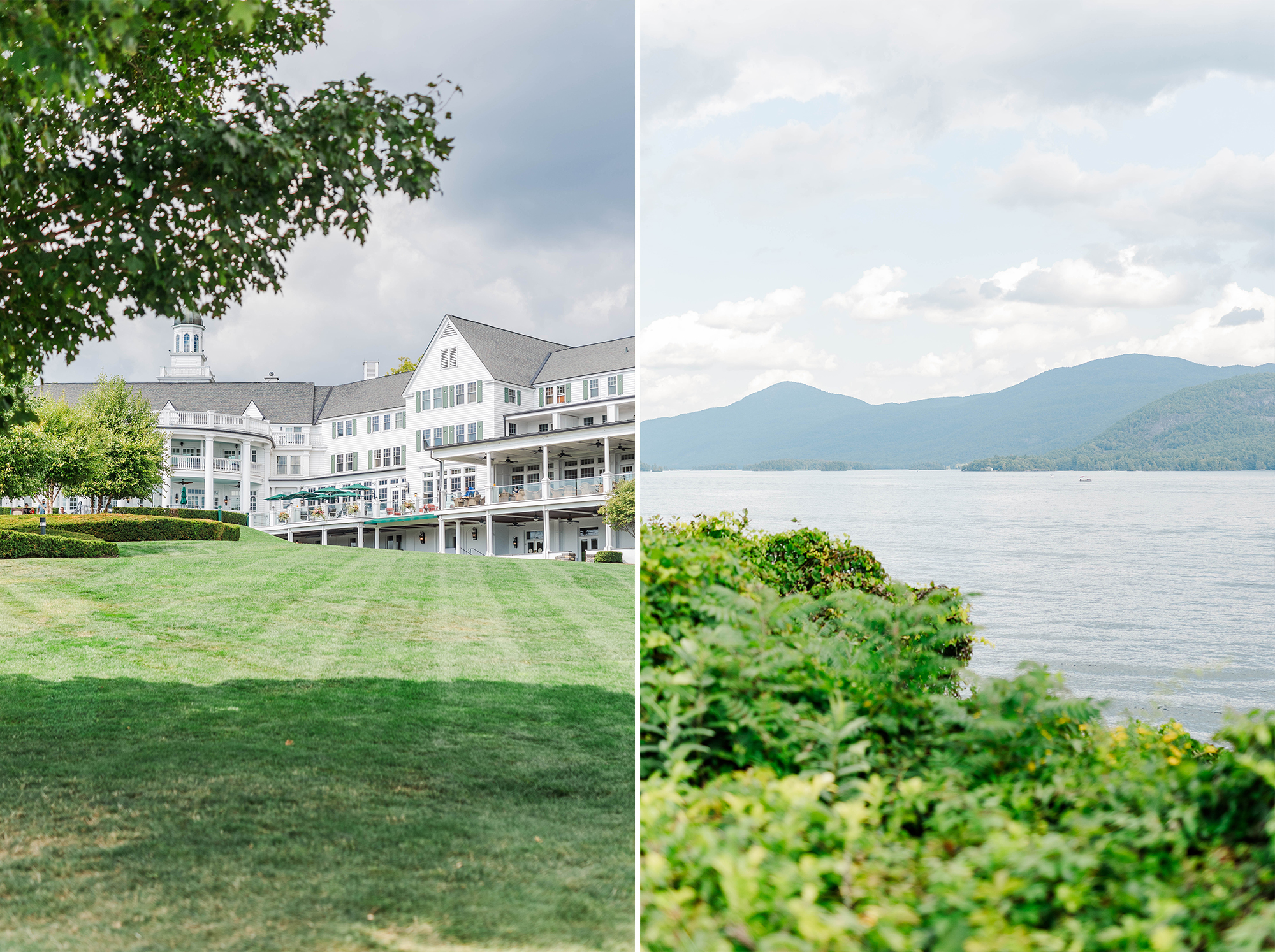 hotel exterior in bright sun and view of lake with mountains and clouds