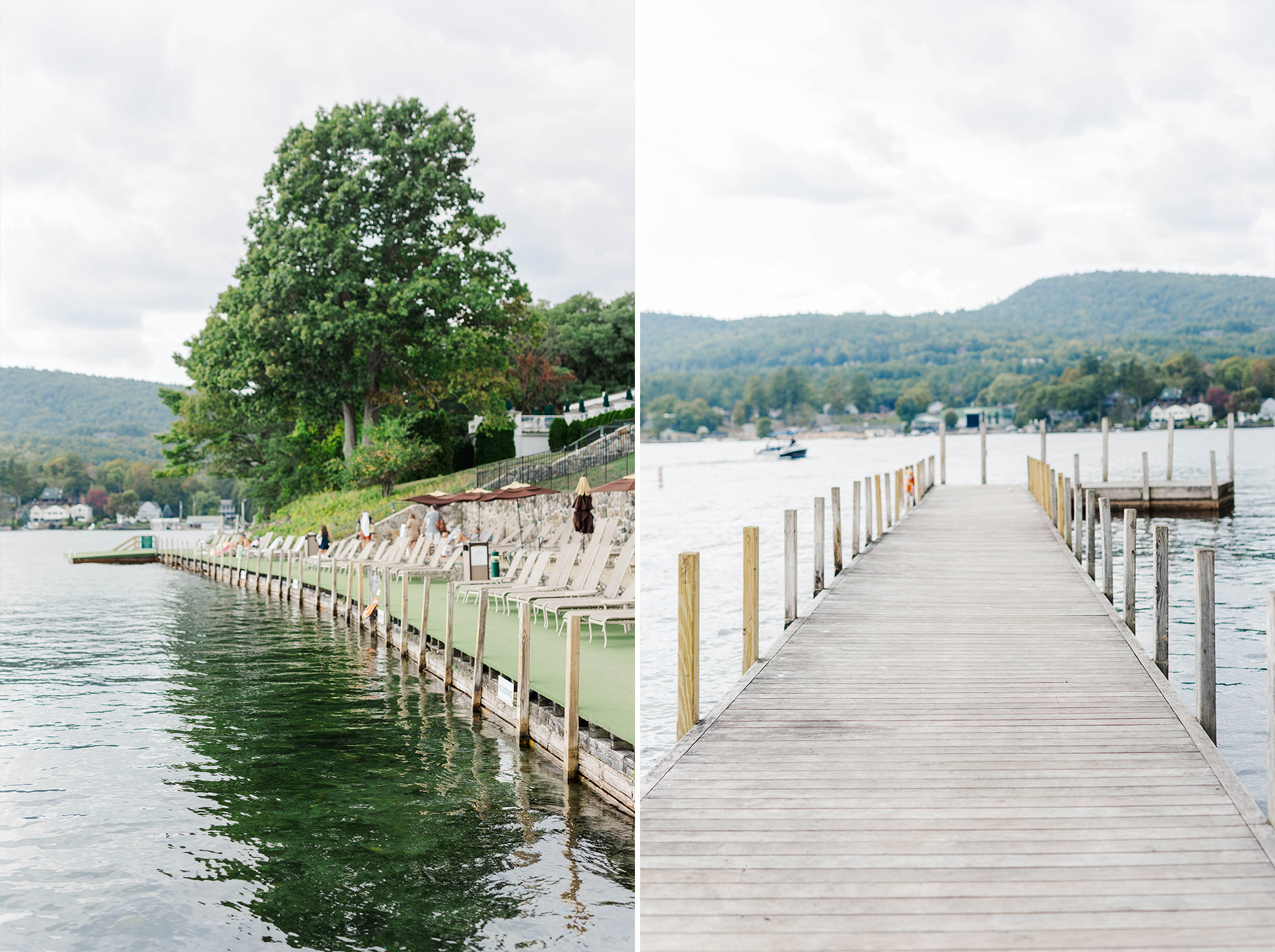 lakeside lounging space with boardwalk and mountain landscape