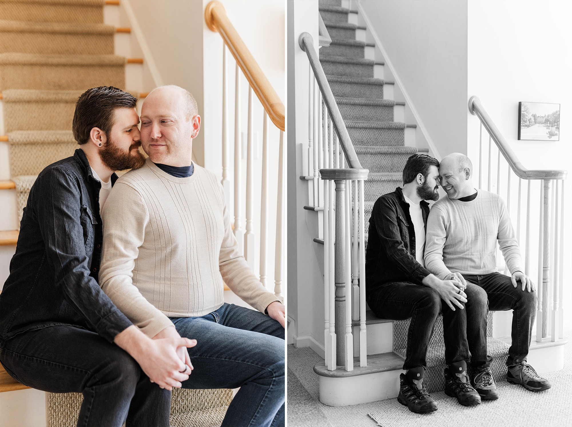 couple sharing loving moment on stairs in house