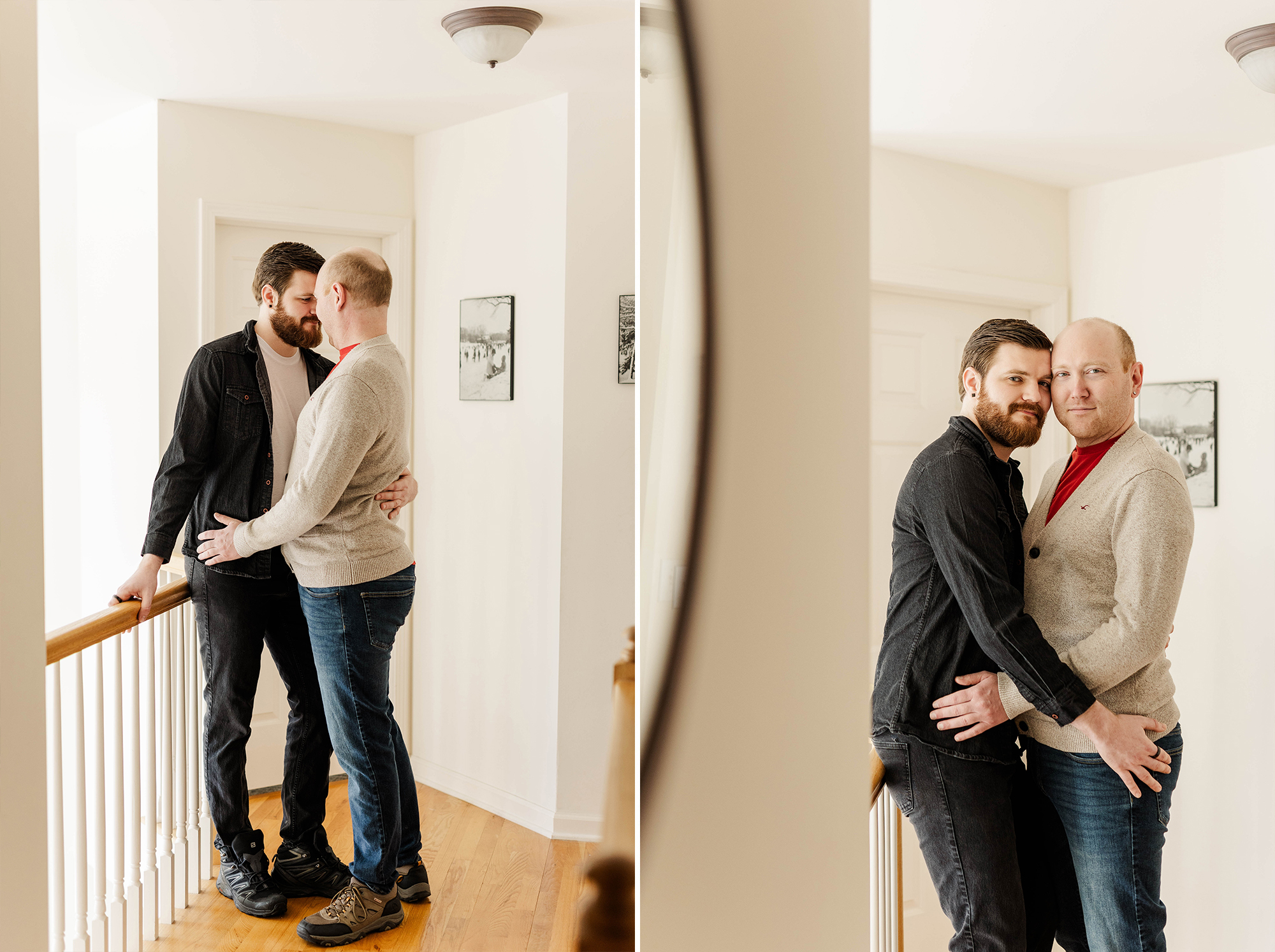 couple leaning on balcony hand rail while holding each other