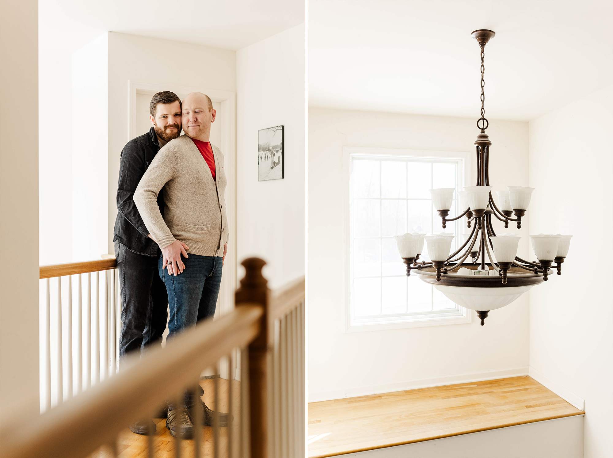 couple embracing each other in hallway with chandelier in the background