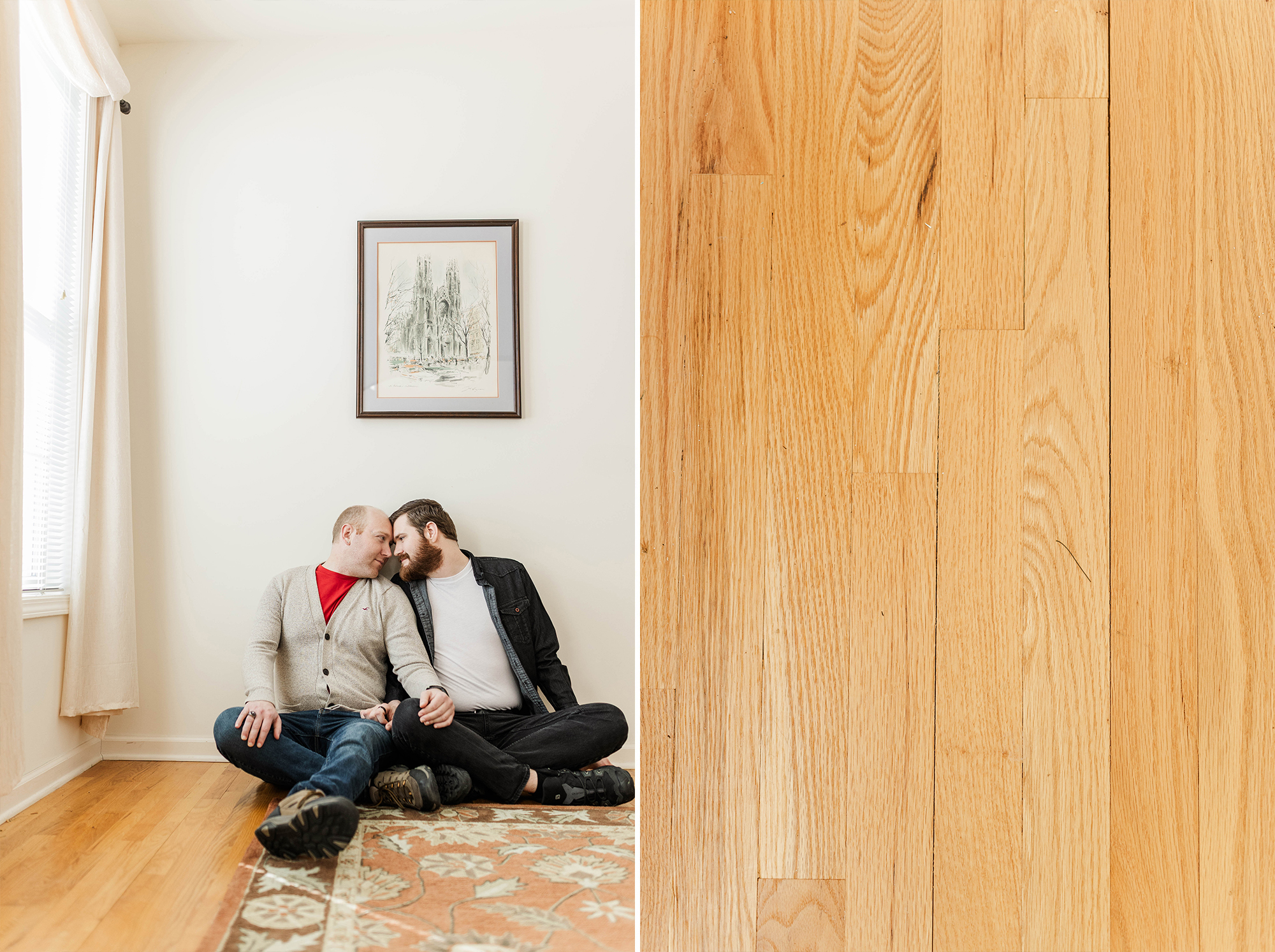 couple sits on living room wood floors with foreheads against each other 
